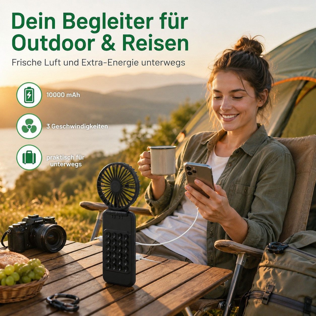 Bravedge Akku-Ventilator Reise Verntilator 10.000 mAh bis 40 Stunden Laufzeit, Powerbank mit Saugnapf, 3 einstellbare Geschwindigkeiten – Bild 5 von 5