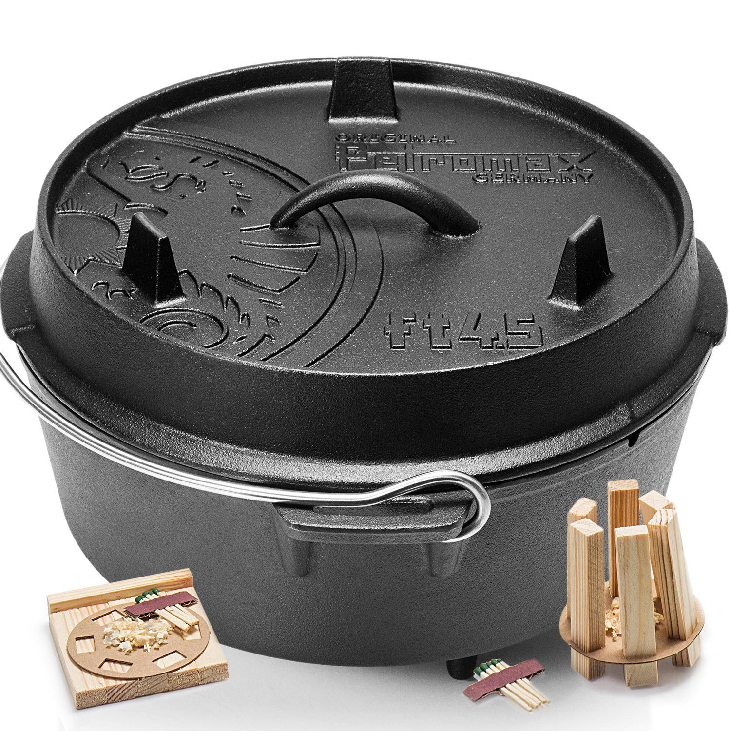 Petromax Schmortopf Feuertopf ft4,5 mit Deckel mit Füßen Dutch Oven, Gusseisen (Spar-Set, 3-tlg., für 2-5 Personen geeignet), Deckel mit Henkel als Pfanne nutzbar, Topf induktionsfähig