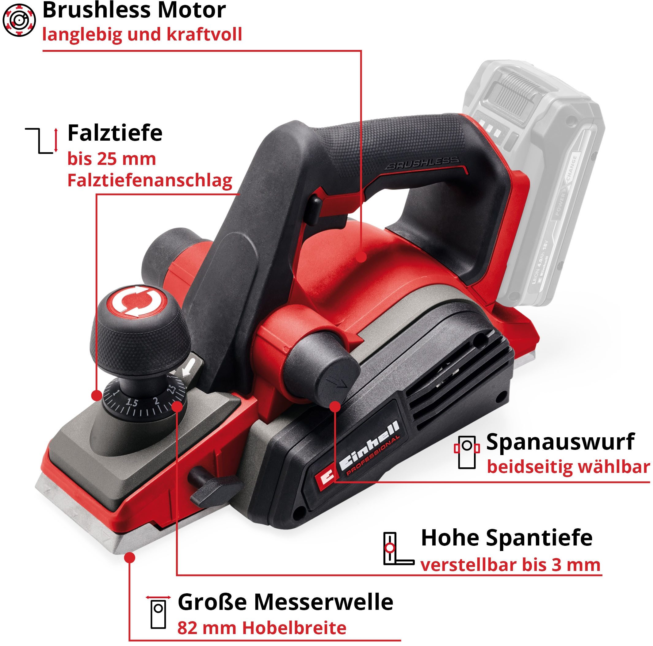 Einhell Akku-Elektrohobel TP-PL 18/3 Li BL - Solo, Hobelbreite: 82 in mm, Mitglied der Power X-Change Familie, ohne Akku