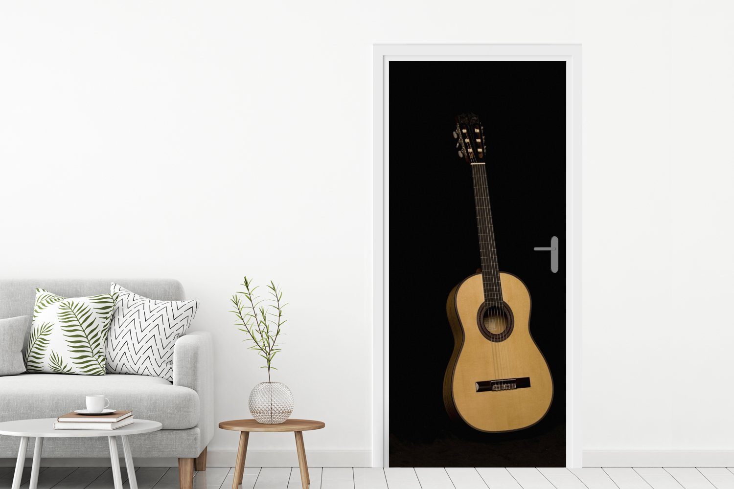 MuchoWow Türtapete Vorderansicht einer akustischen bedruckt, cm Tür, Türaufkleber, Matt, Hintergrund, für Fototapete St), 75x205 auf schwarzem Gitarre (1