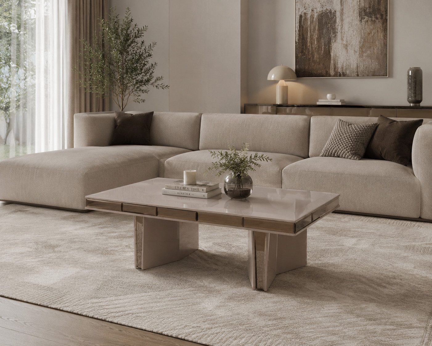 JVmoebel Couchtisch Designer Rechteckig Beige Hochglanz 120x80 cm Wohnzimmer Sofort (Einzelstück, 1-St., 1 Couchtisch), Couchtisch mit Hochglanz-Oberfläche und dekorativen Metall-Elementen