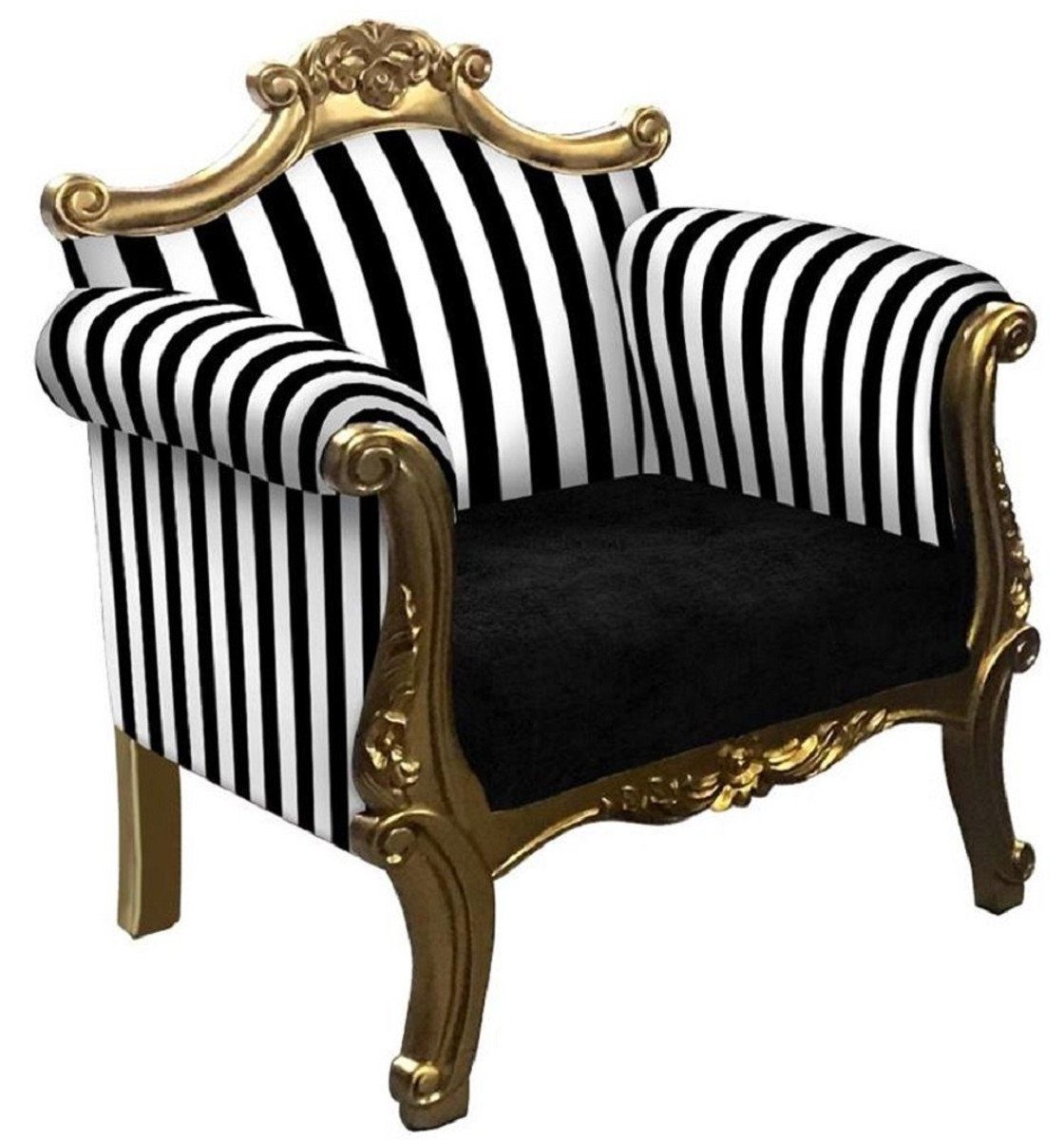 Casa Padrino Sessel Barock Sessel mit Streifen Schwarz / Weiß / Gold - Handgefertigter Wohnzimmer Sessel im Barockstil - Barock Wohnzimmer Möbel