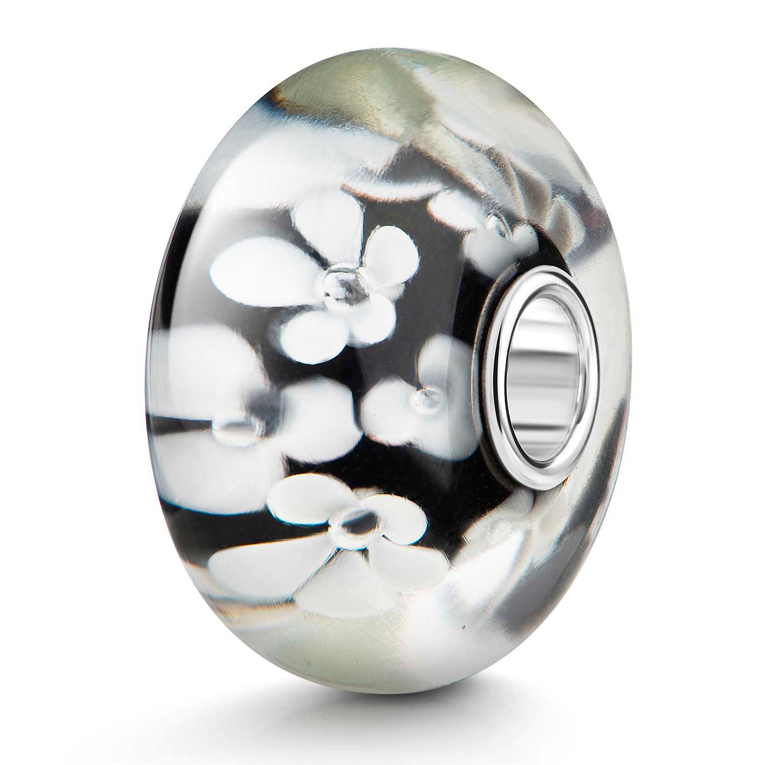 Bead Glasperle XXL Bluem / Blüten Schwarz Weiß Hülse 925 Silber 332