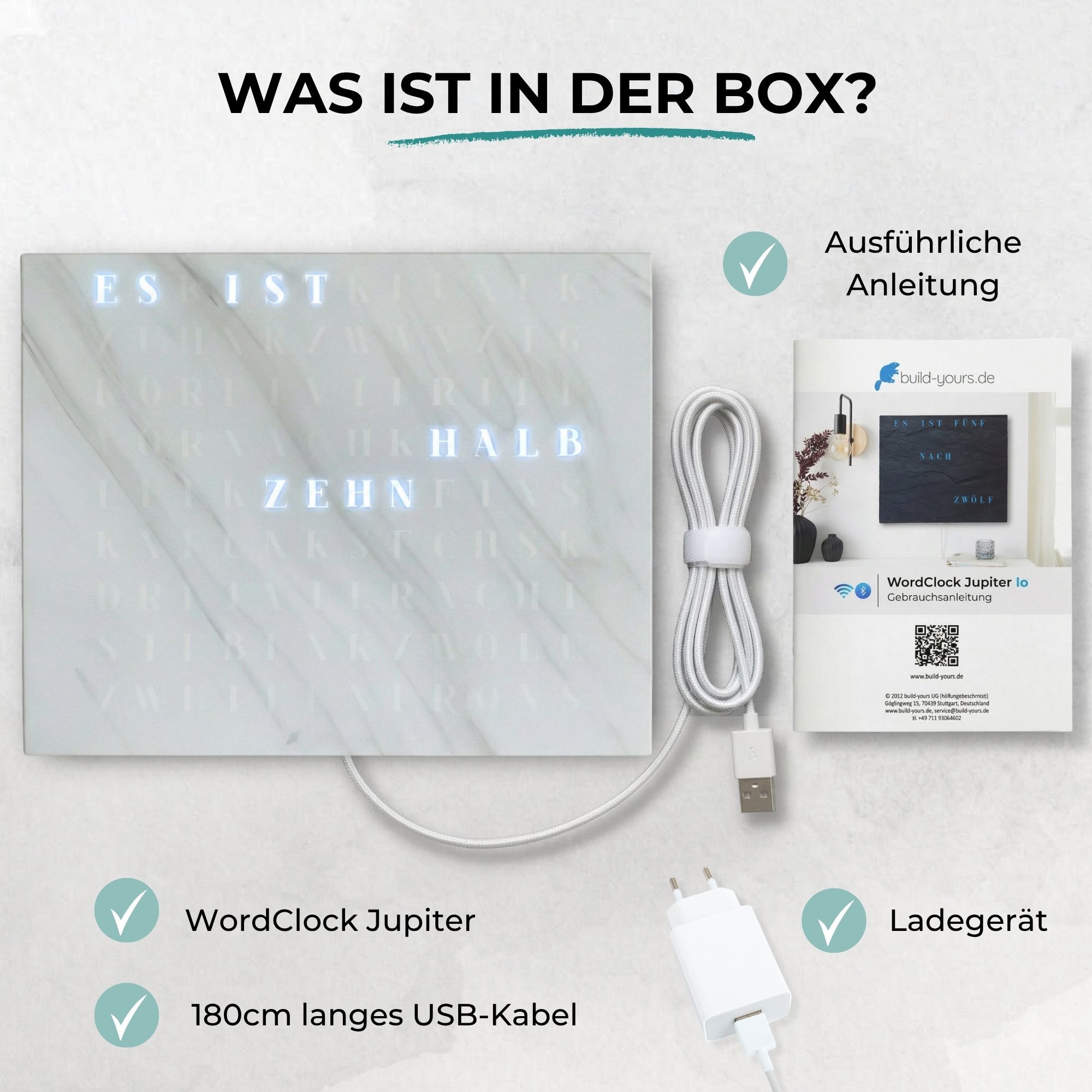 build-yours.de Wanduhr WordClock Jupiter Weißer Marmor Optik-Wortuhr in Deutsch-LED Wanduhr