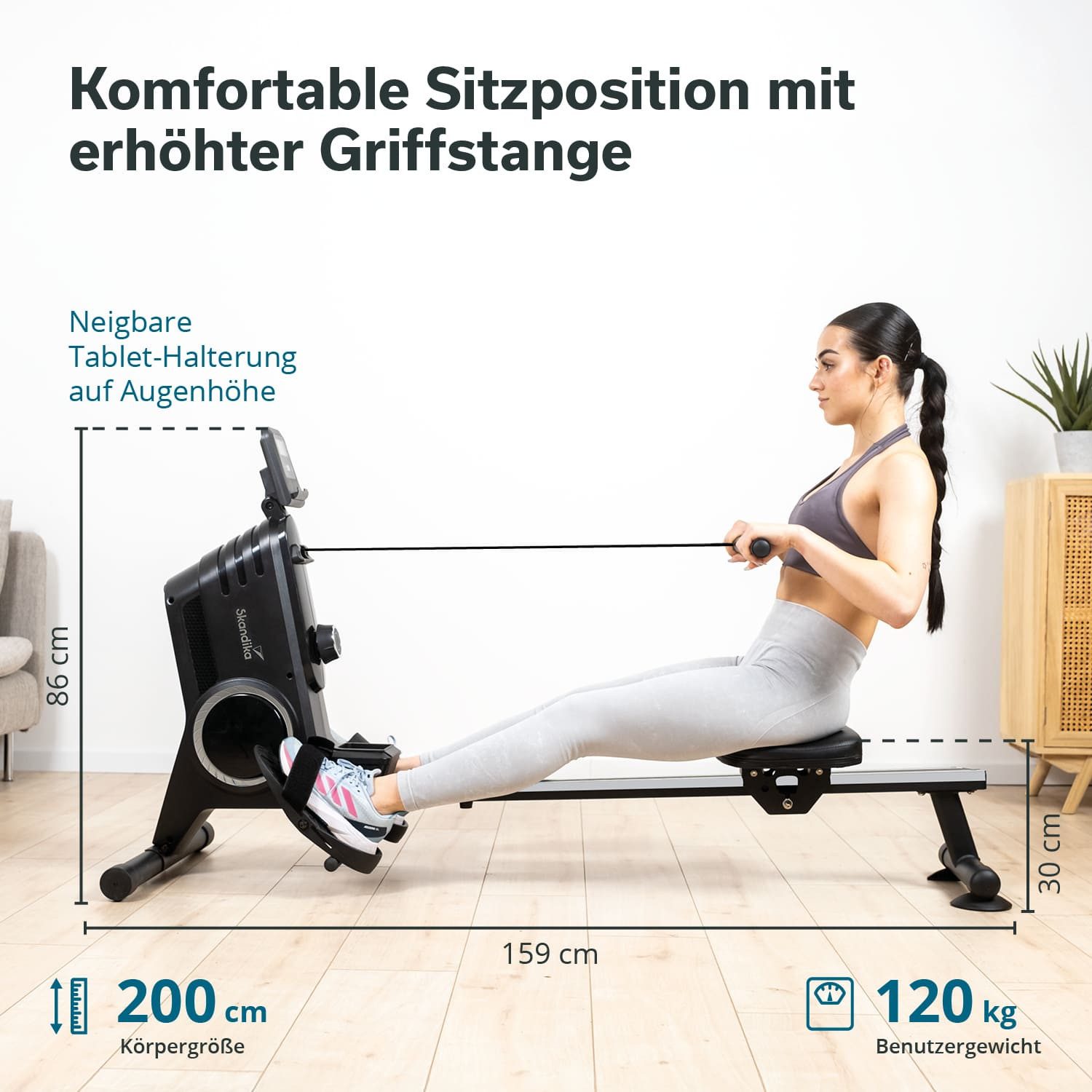 Skandika Rudergerät für Zuhause Oxford Pro, Magnetwiderstand, 8 Widerstandsstufen, Bluetooth & Kinomap App, platzsparend mit Aufstellfunktion, bis 120 kg