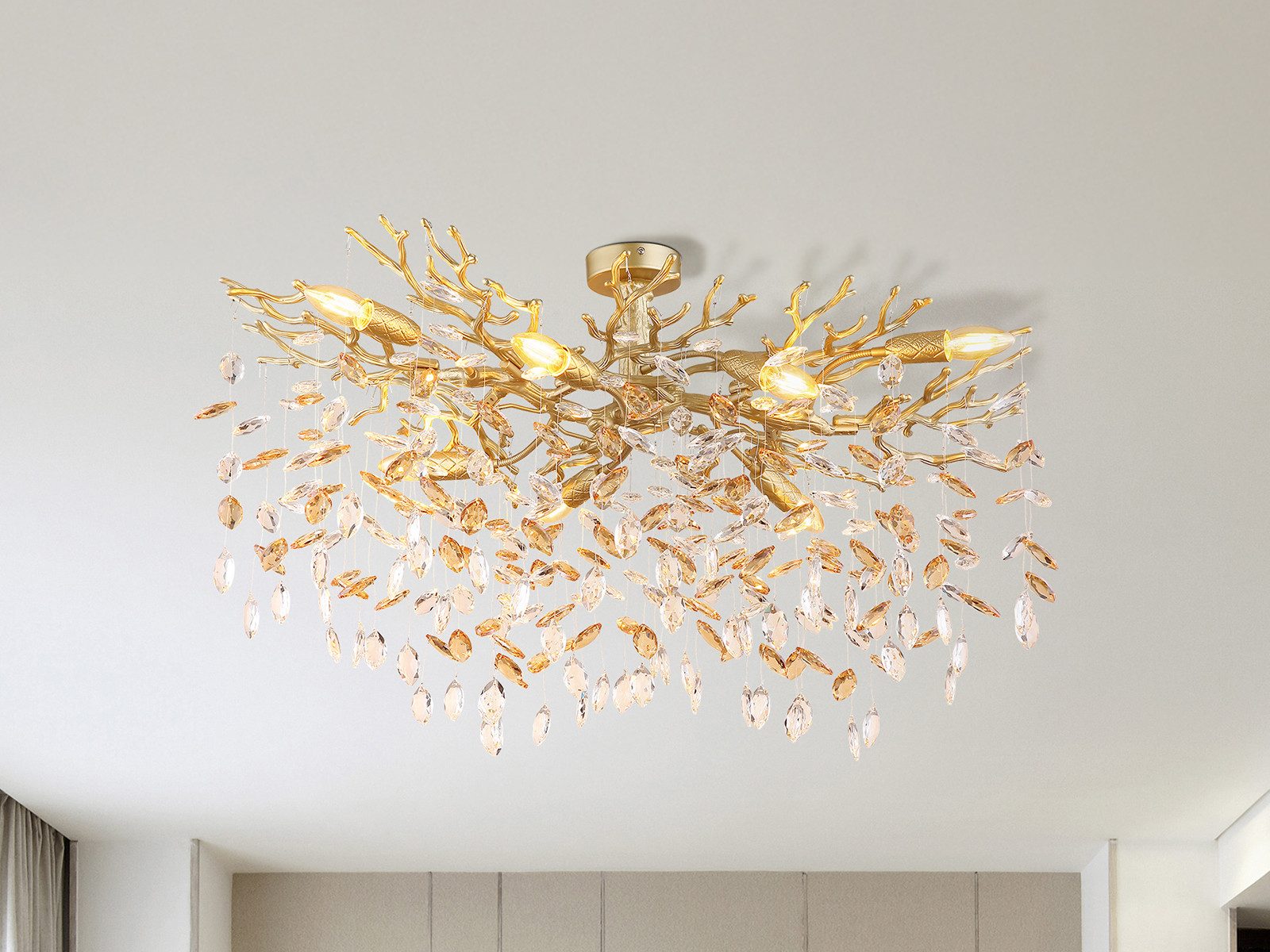 GLOBO LIGHTING LED Deckenleuchte mit Kristall 2-farbig, Breite 85cm, Dimmfunktion, LED wechselbar, Warmweiß, ausgefallene extravagante große Deckenlampe in Zweigoptik, mehrflammig