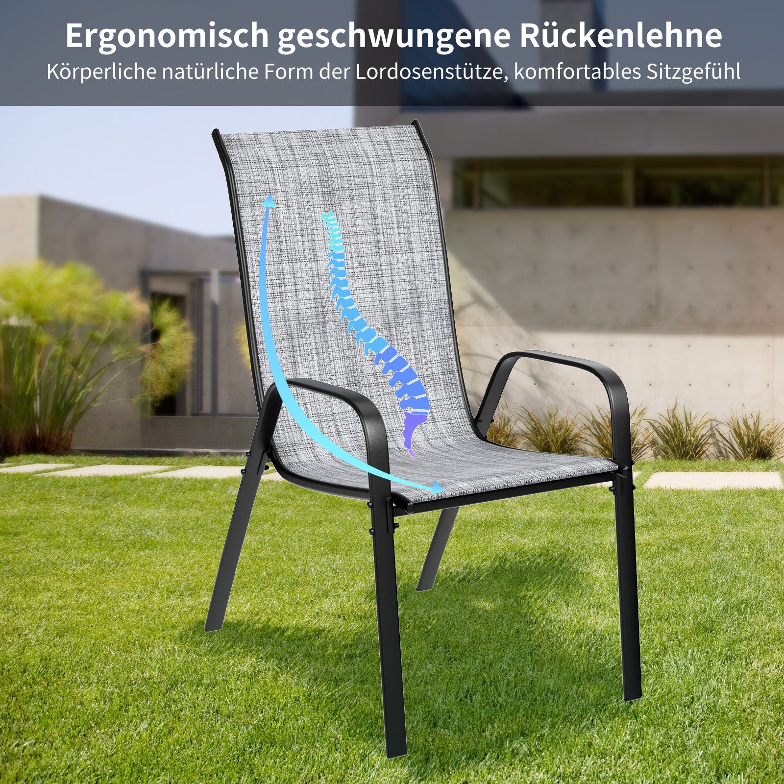 TLGREEN Stapelstuhl Gartenstühle Stapelstuhl,Camping Stapelbar Hochlehner, (Terrassenstuhl Textilene Stahlgestell für Gärten Innenhöfe Balkone Restaurants, 6 St – Bild 4 von 5