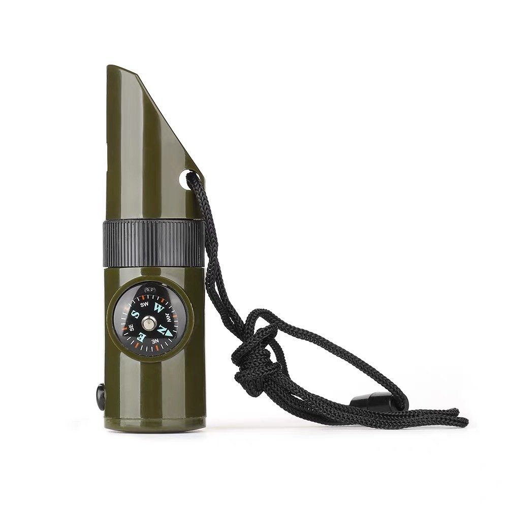 7 in 1 Multifunktionspfeife Überleben Notwerkzeug Thermometer Kompass Led-licht Lupe Spiegel Für Camping Wandern Outdoor Whistle grün 