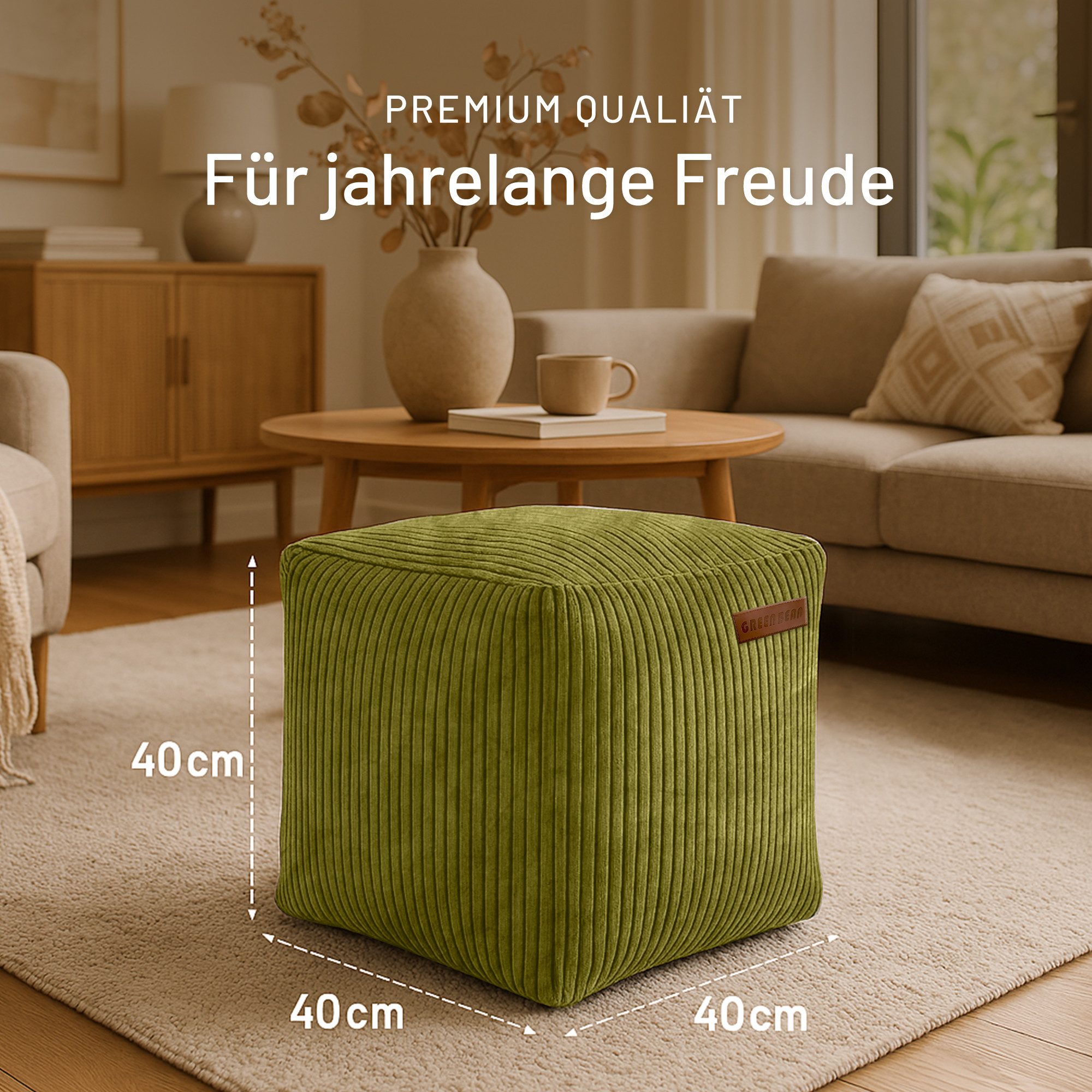 Green Bean Pouf Cube Cord (Indoor Sitzhocker Sitzkissen Fußhocker Relax-Sessel, Made in Germany), die ideale Ergänzung zum Sitzsack