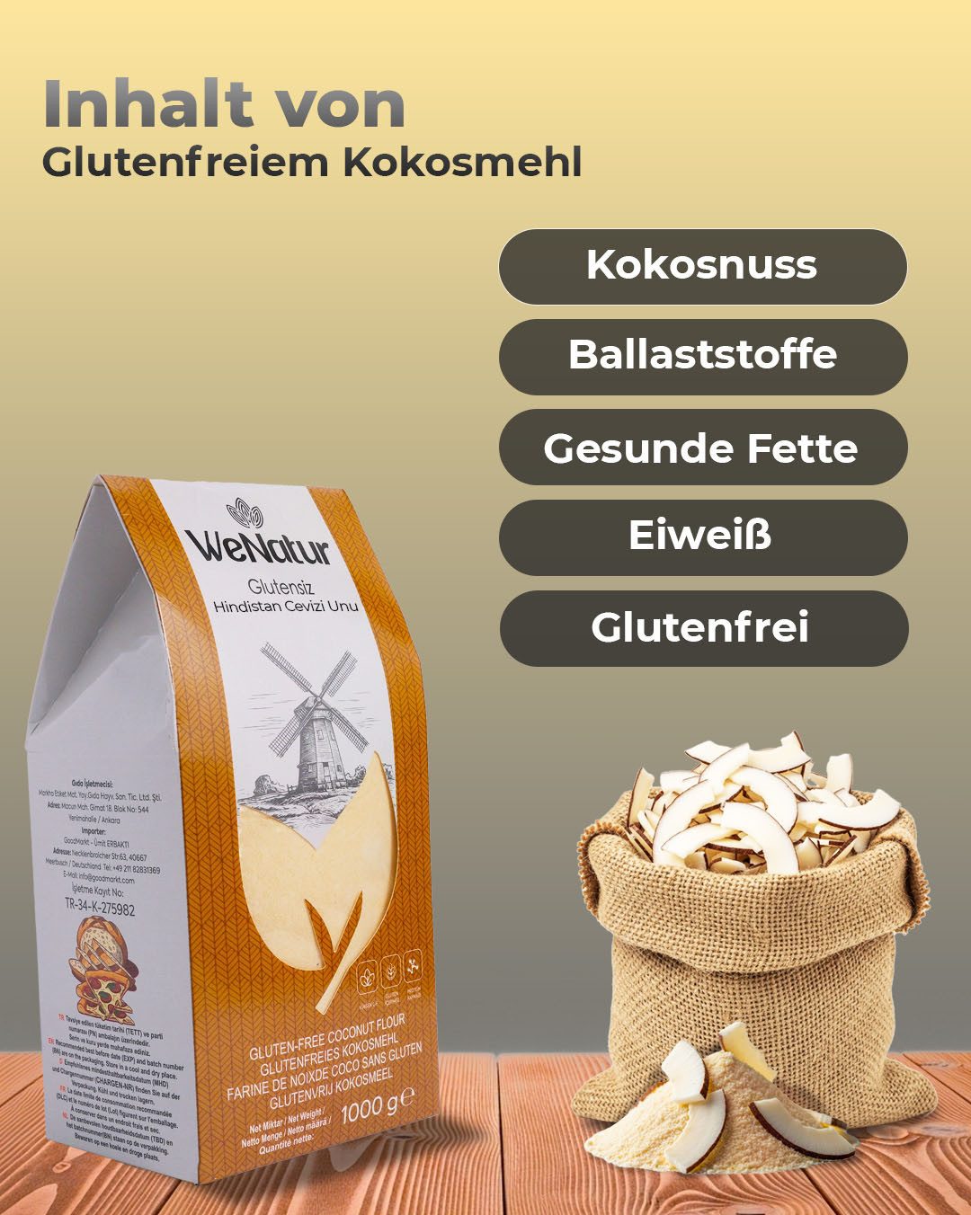 We_Natur Mehl Kokosmehl – Low-Carb, ballaststoffreich & natürlich glutenfrei 1kg, 1000 g, 100 % Natürlich, Glutenfrei