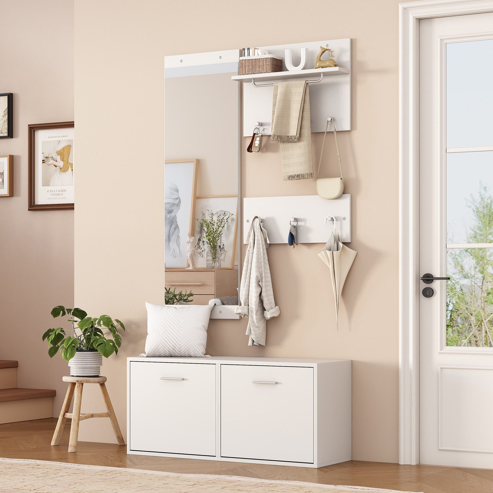 HAUSS SPOLE Garderoben-Set mit Schuhschrank,Flurgarderobe Garderobenschrank mit Spiegel&Haken, (Eingangsschrank, Flurschrank, 1-St., 90*30*41.5cm, mit 6 Kleiderhaken), mit Spiegel, 2 Hutablage und Schuhschrank