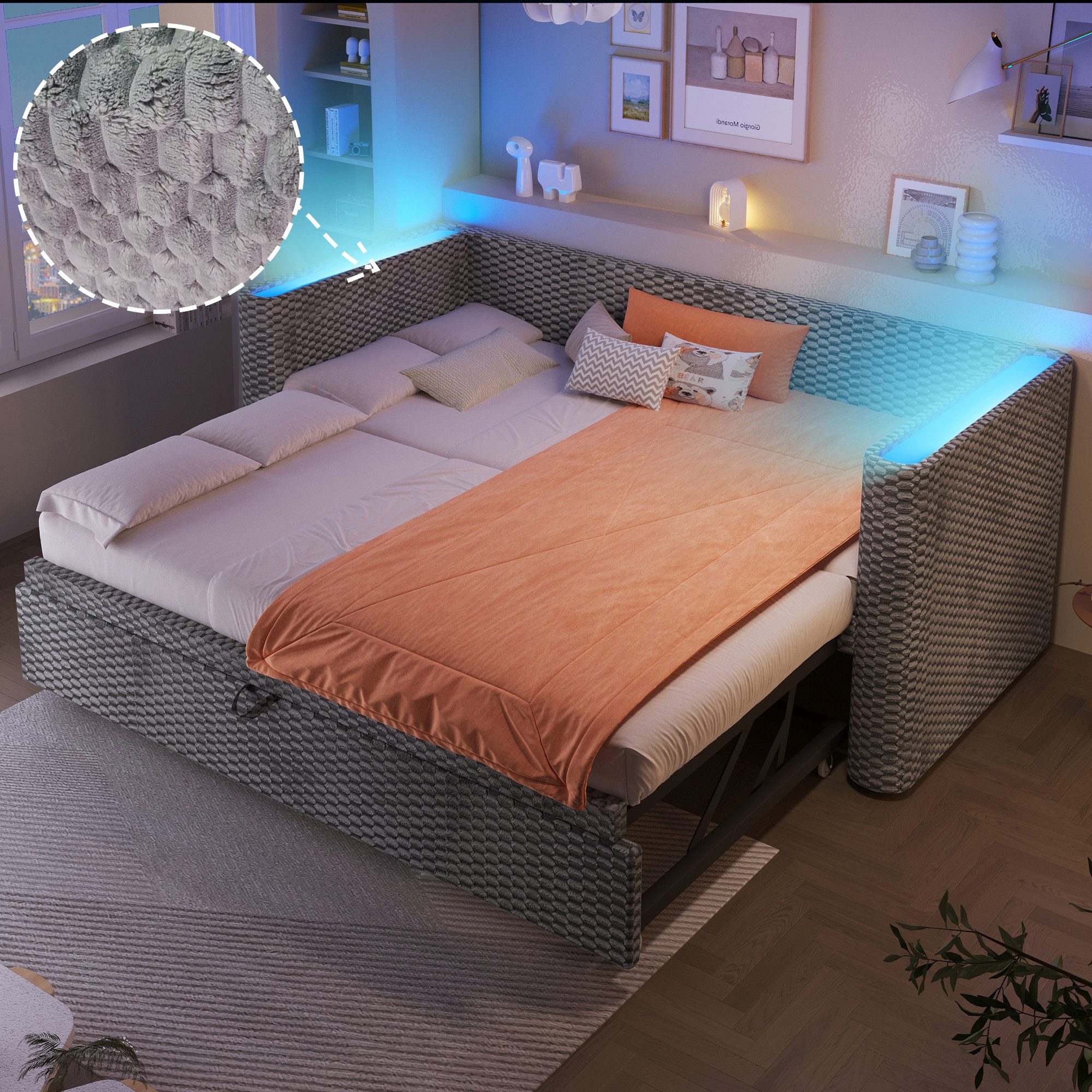 Flieks Daybett, LED Polsterbett Kinderbett Schlafsofa 90/180×200cm mit Ausziehbett