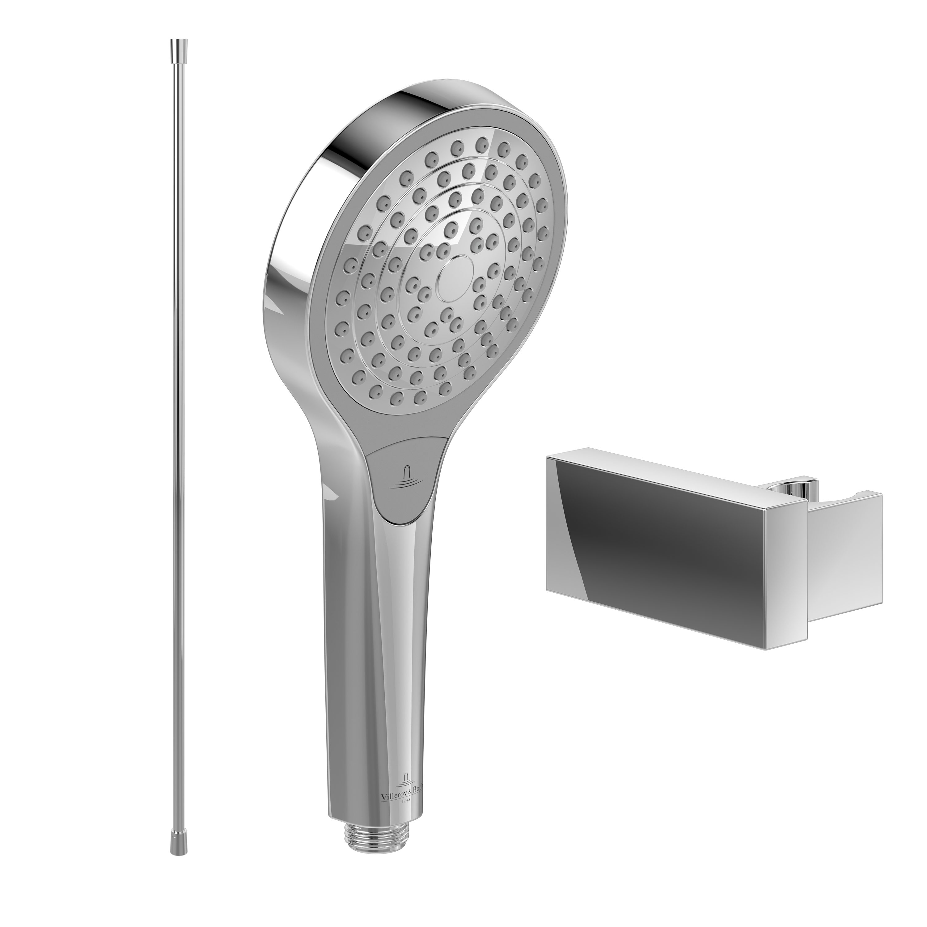 Villeroy & Boch Handbrause Verve Showers, Set aus Duschkopf, Halter (eckig) und Schlauch (1,60m), Chrom