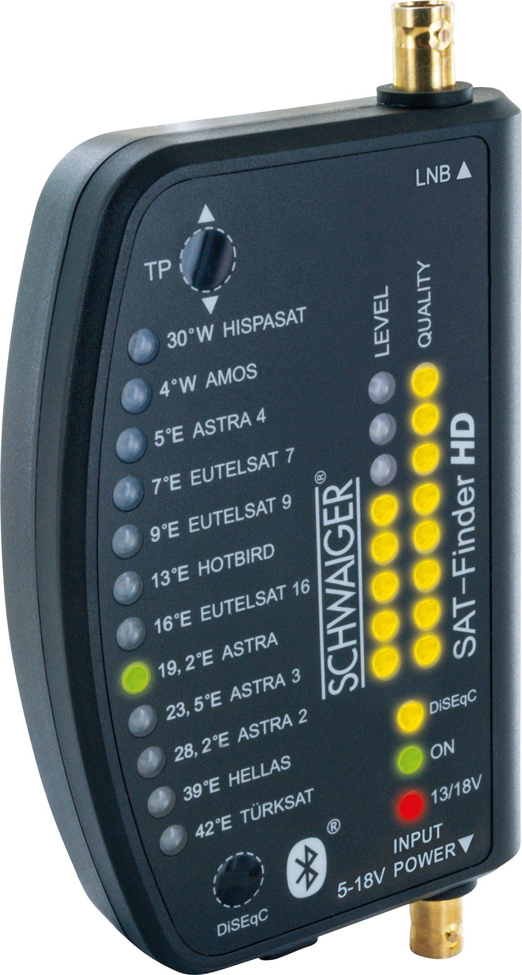 SF9003BTAKKU Anzeige der oder Signalstärke Powerbank), Satfinder über Schwaiger Receiver detaillierte Stromversorgung über (IP54, App angeschlossenen