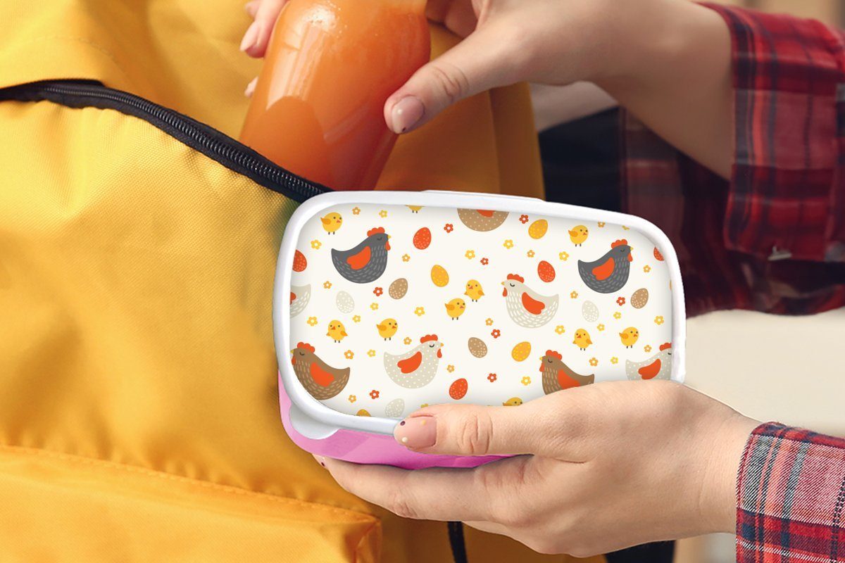 MuchoWow Lunchbox - für Erwachsene, - Brotdose Brotbox Snackbox, Muster, (2-tlg), Kinder, Kunststoff Huhn Mädchen, rosa Eier Kunststoff