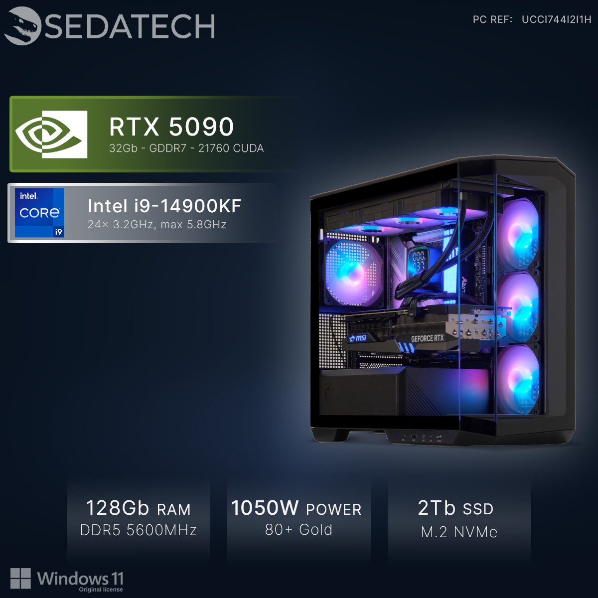 Sedatech UCCI744I2I1HF - Watercooling Gaming-PC (Intel Core i9 14900KF 24x 3.2GHz (max 5.8GHz), Geforce RTX5090 32GB, 128 GB RAM, 2000 GB SSD, Watercooling, Wlan 6E)