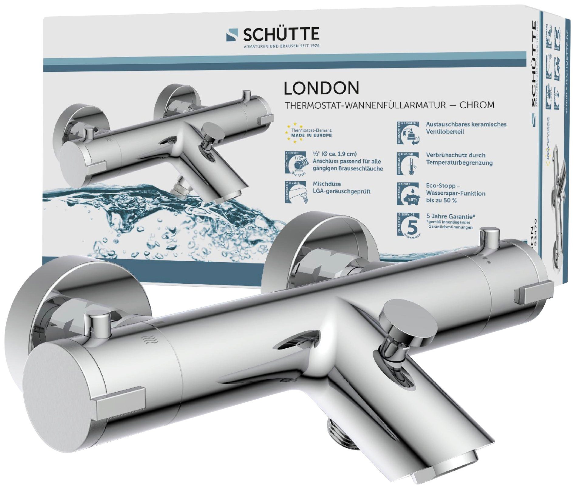 Schütte Wannenarmatur London Thermostat, Mischbatterie Badewanne, Wasserhahn Bad, Wannenarmatur chrom