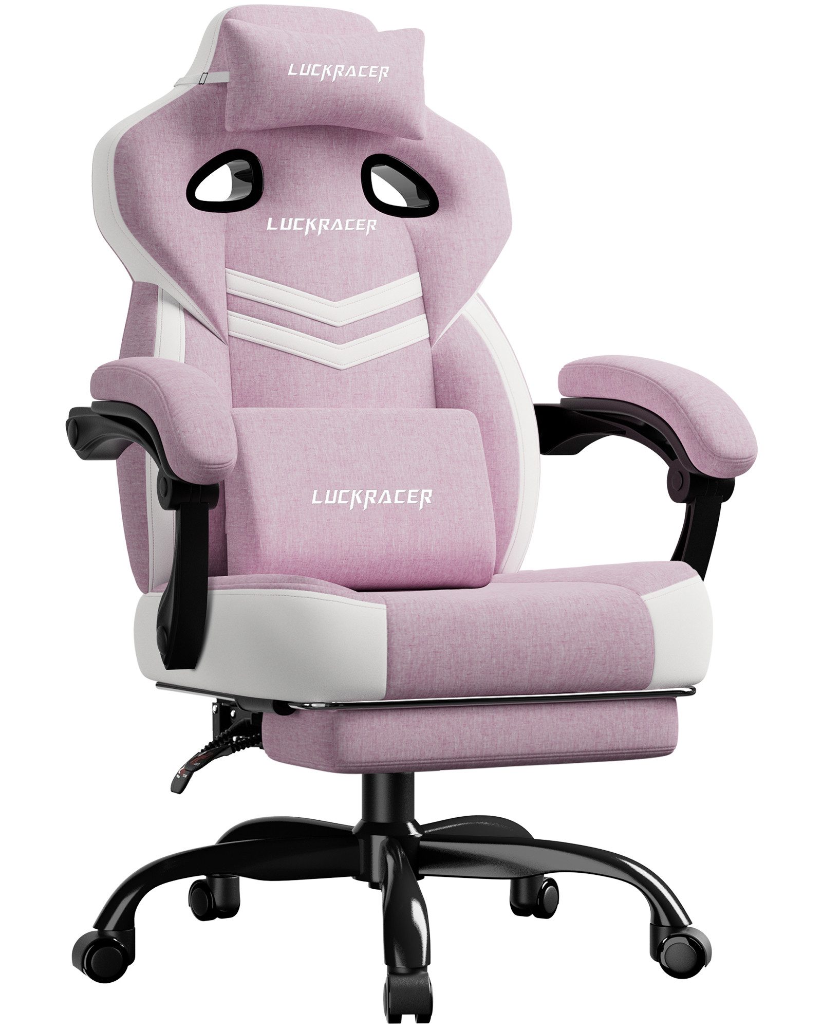 LUCKRACER Gaming-Stuhl Stoff/Kunstleder, Bürostuhl mit verbundenen Armlehnen, Memory-Schaum, 90–155° Neigungswinkel und Fußstütze