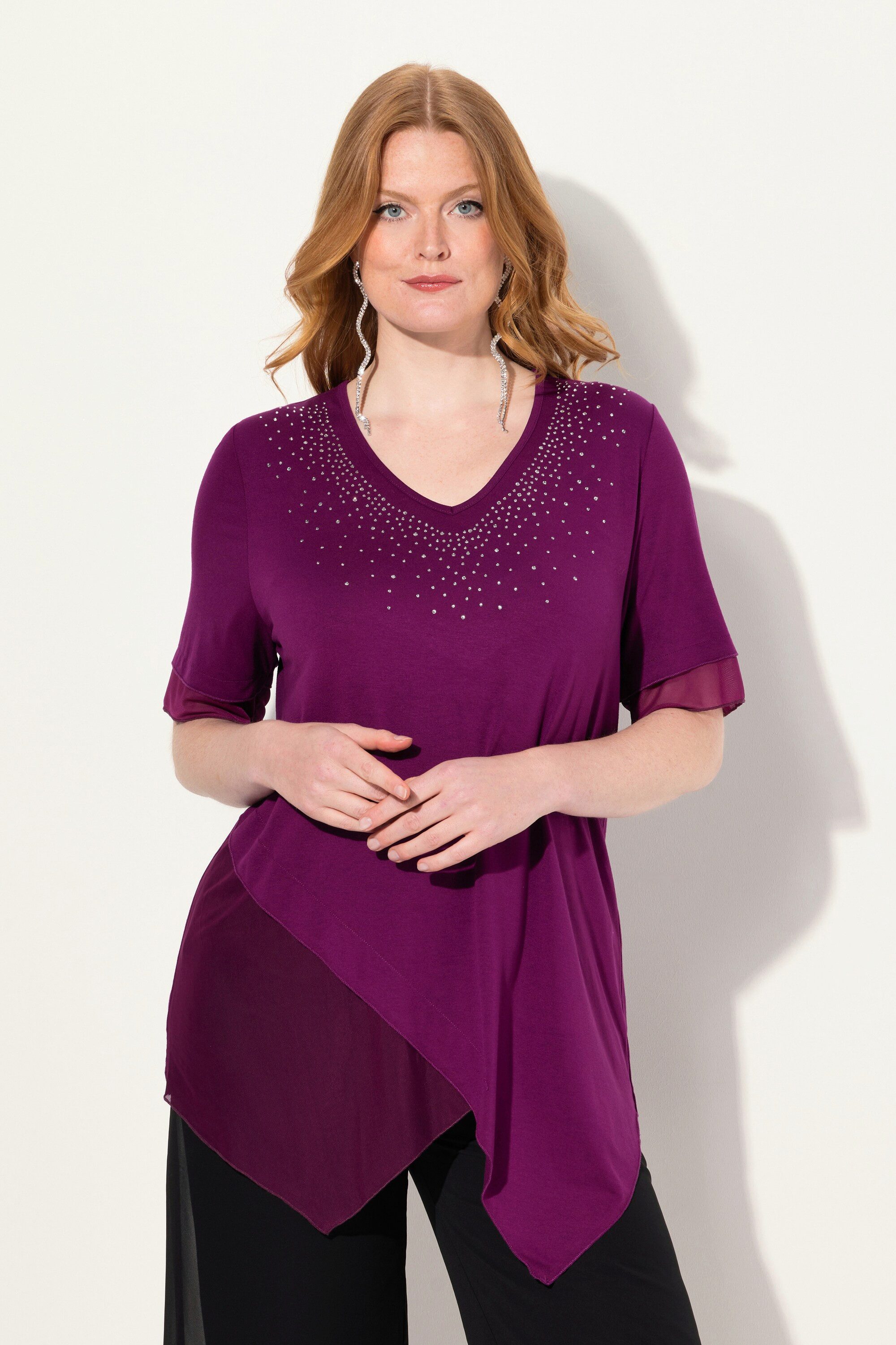 Druckbluse Bluse Layering-Look Mesh/Jersey Zipfelsaum