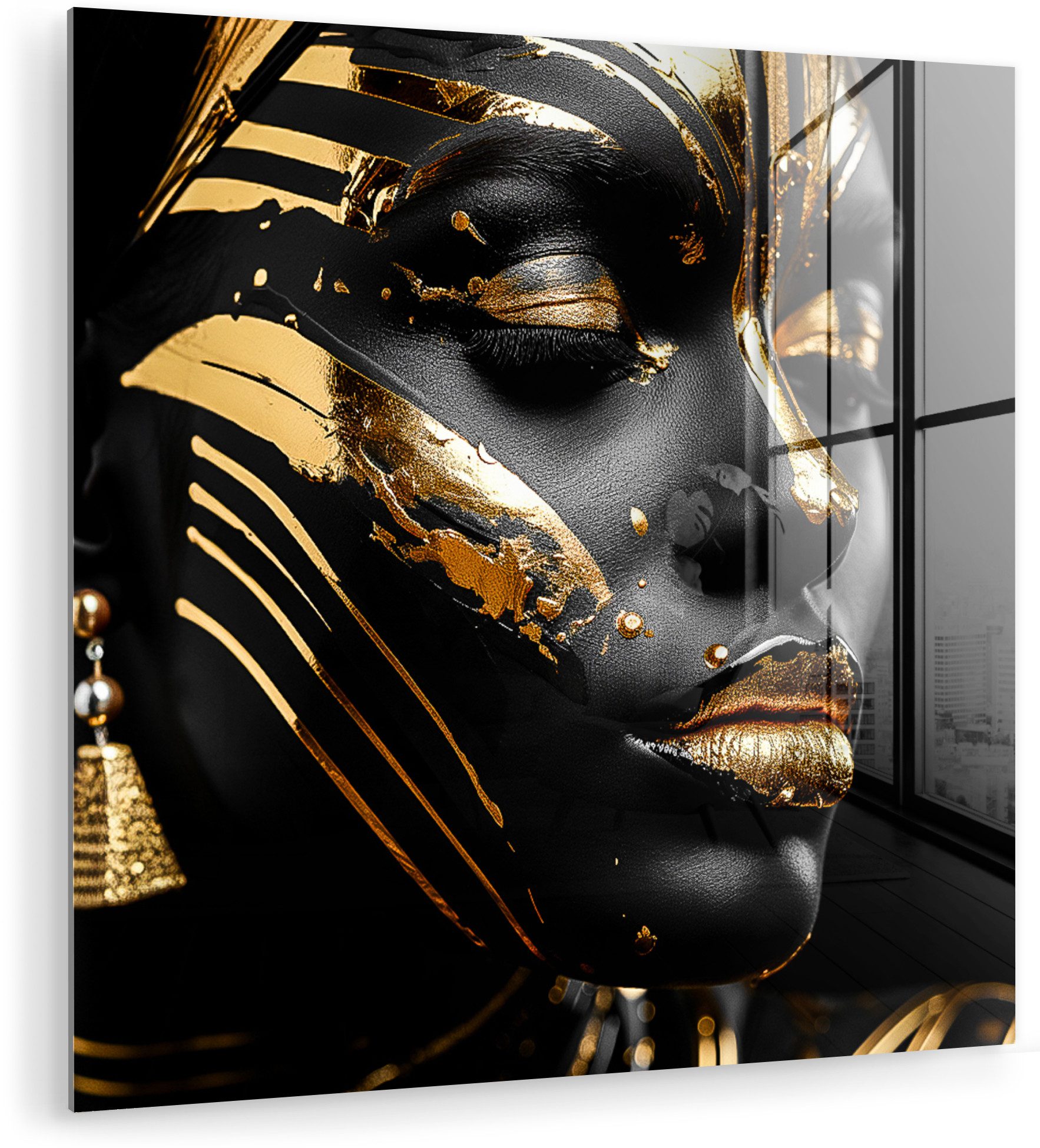 MuchoWow Acrylglasbild Frau - Gold - Schwarz - Porträt - Modern - Abstrakt, Inkl. Aufhängung, Bilder auf Glas Wandbild, Wanddeko Wohnzimmer Badezimmer, 20x20 cm