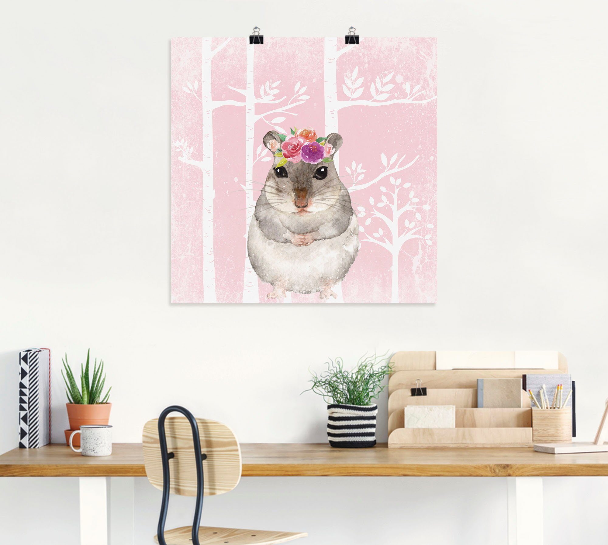 Artland Wandbild Hamster mit St), Wald, pink Größen oder versch. Tiere Blumen Leinwandbild, in im Alubild, Wandaufkleber Poster (1 als