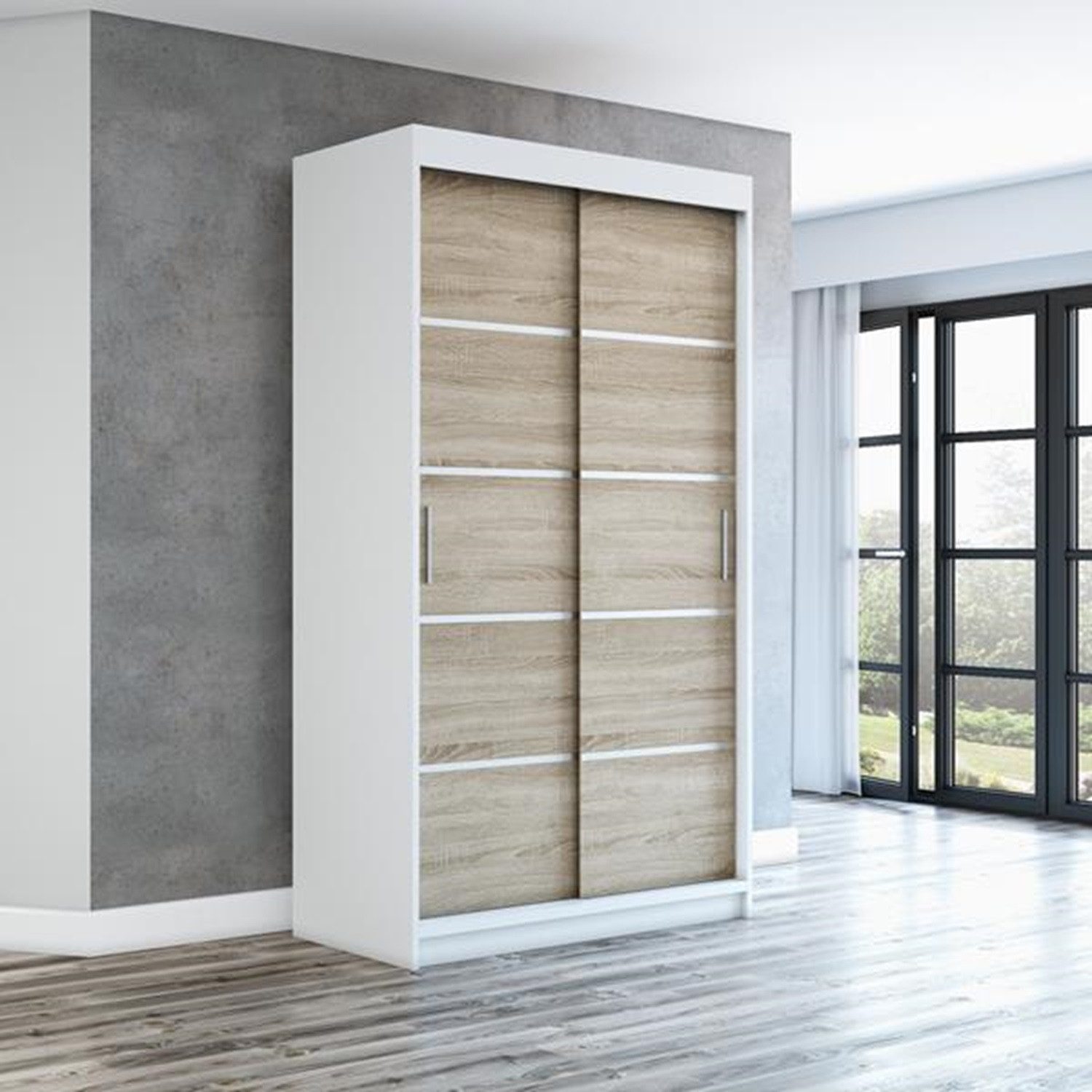 A&J MöbelLand GmbH Schiebetürenschrank PARIS 2-türig Schrank (TOP ANGEBOT! Geräumiger Schrank mit viel Stauraum:6 Regalen und 1 Kleiderstange – -ideal zur Aufbewahrung von Kleidung und Accessoires. TOP PRODUKT! Farbe und Größe (120 cm, 160 cm, 180 cm) zur Auswahl -wählen Sie das ideale Modell für Ihr Schlafzimmer!, Kleiderschrank mit Regalen) Breite: 120 cm, 140 cm, 160 cm, Höhe: 215 cm, Tiefe: 59,5 cm