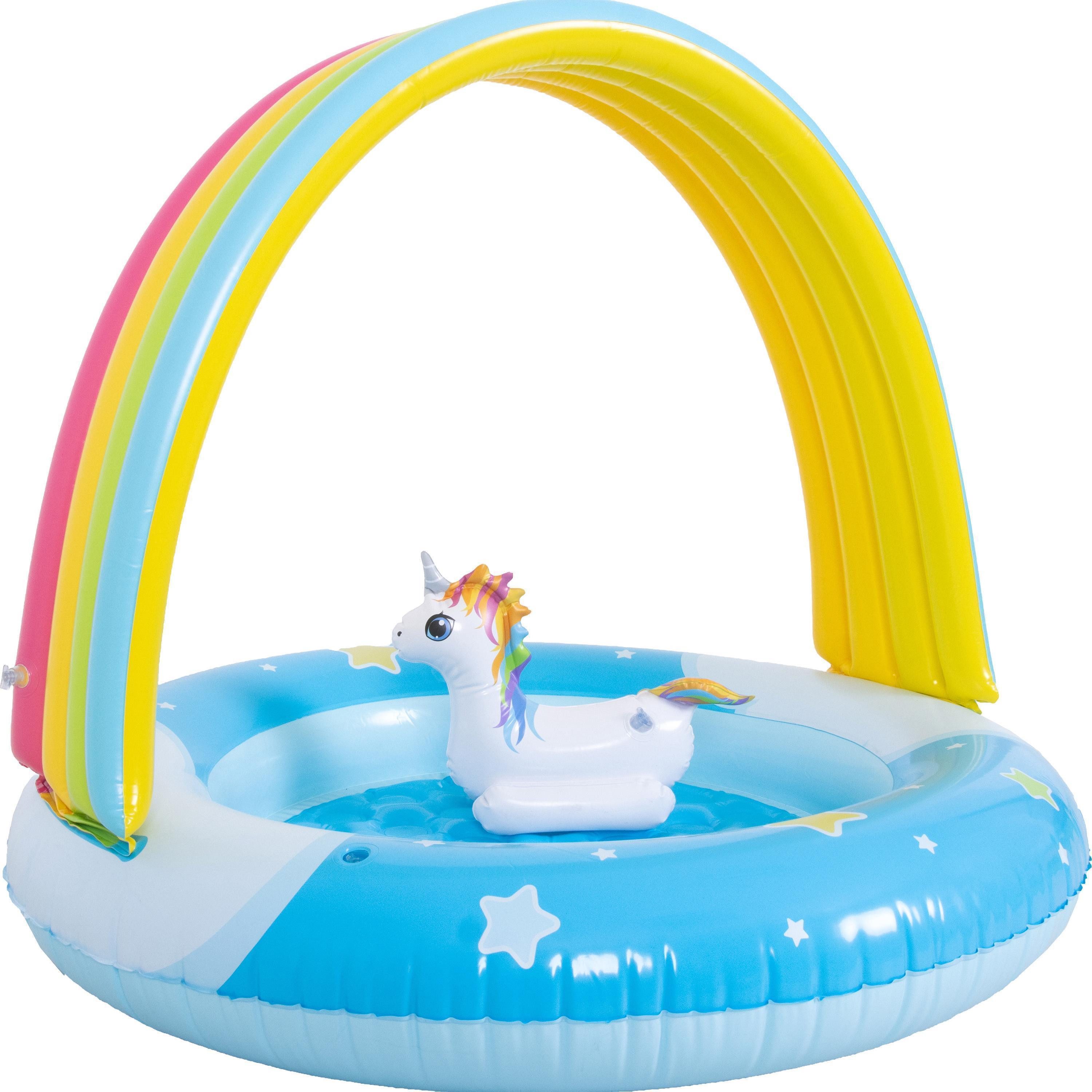 SunClub Planschbecken Kinderpool 95x80 cm, (Einzelpack, 1-tlg., aufblasbares Kinderbecken), Einhorn Pool mit Regenbogendach, Spielzeug und aufblasbarem Boden