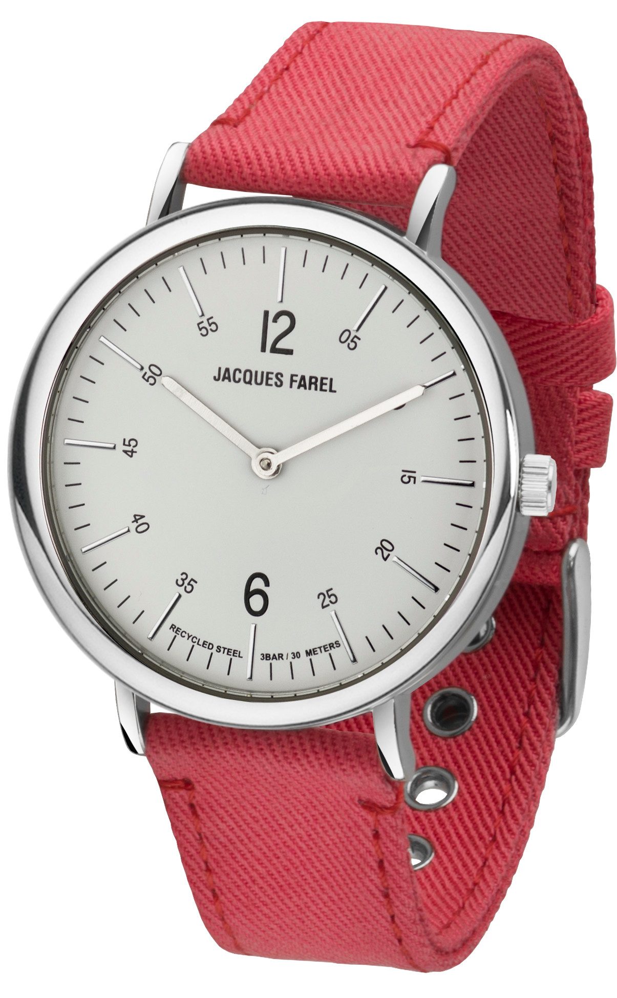 Jacques Farel Quarzuhr ORS8787 nachhaltige Damen Armbanduhr Recycling-Stahlgehäuse Lyocellband 3 bar, Analog Koralle Pink Damenuhr Geschenk Frauen Ø38 mm
