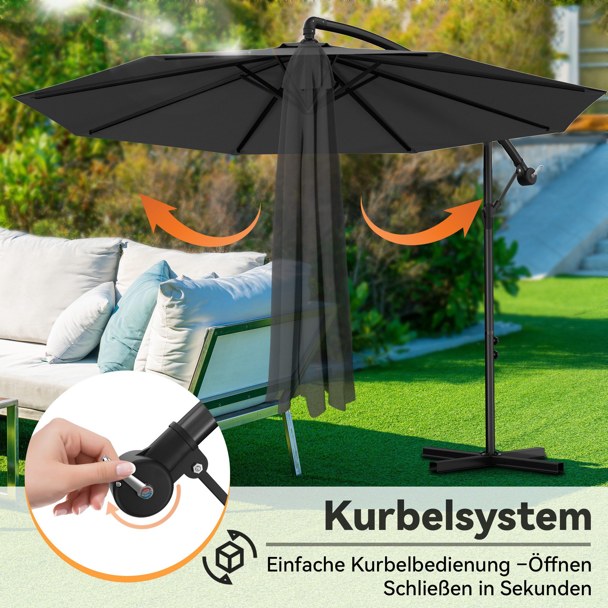 FIVMEN Sonnenschirm Freiarmschirm, Garten- und Terrassenschirm mit Kurbel, LxB: 250x300 cm, Ø300 cm – Bild 4 von 5