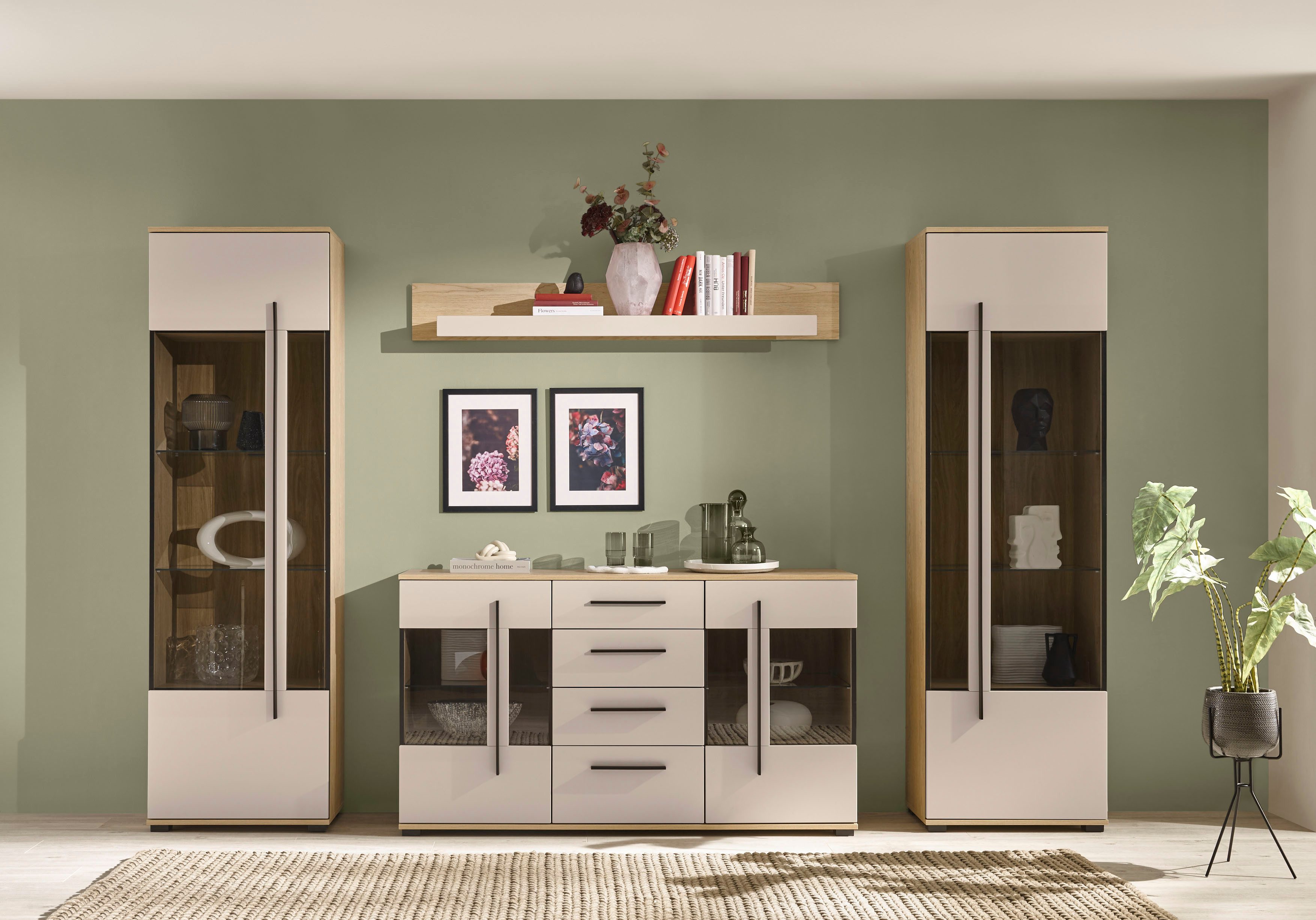 Home affaire Wohnwand Cantara, Anbauwand, Wohnzimmer-Set, in Eiche Evoke, Weiß oder Kaschmir, (Set, 4-St), enthält zwei Vitrinen, ein Sideboard und ein Wandboard