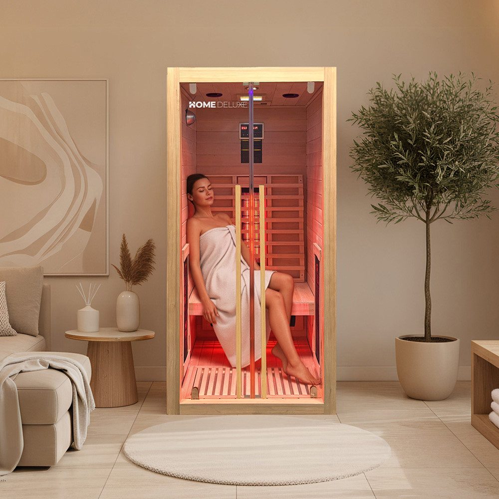 HOME DELUXE Infrarotkabine SONORA, BxTxH: 90 x 90 x 190 cm, (FM-Radio mit MP3-Funktion, LED-Farblicht, inkl. Ionisator mit Ozondesinfektion) 4 Vollspektrumstrahler, für 1 Person, hochwertiges Hemlockholz