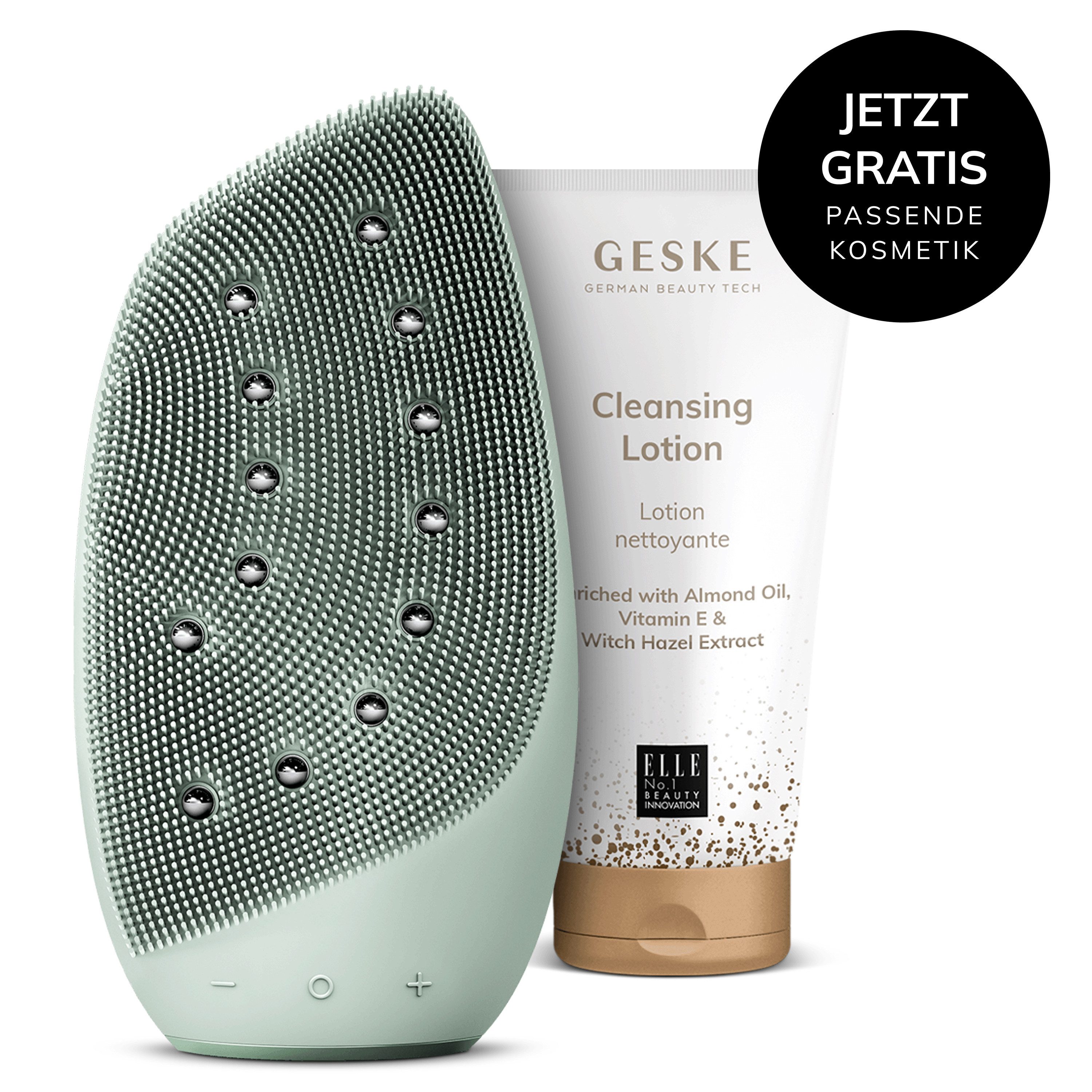 GESKE German Beauty Tech Elektrische Gesichtsreinigungsbürste Sonic Thermo Facial Brush & Face-Lifter Green + Gratis Kosmetik, Packung (Gerät & USB-Ladekabel), 2-tlg., Gerät inkl. kostenloser APP (SmartAppGuided Device), Mit der GESKE App erhältst Du deine personalisierte Уход за кожейroutine.