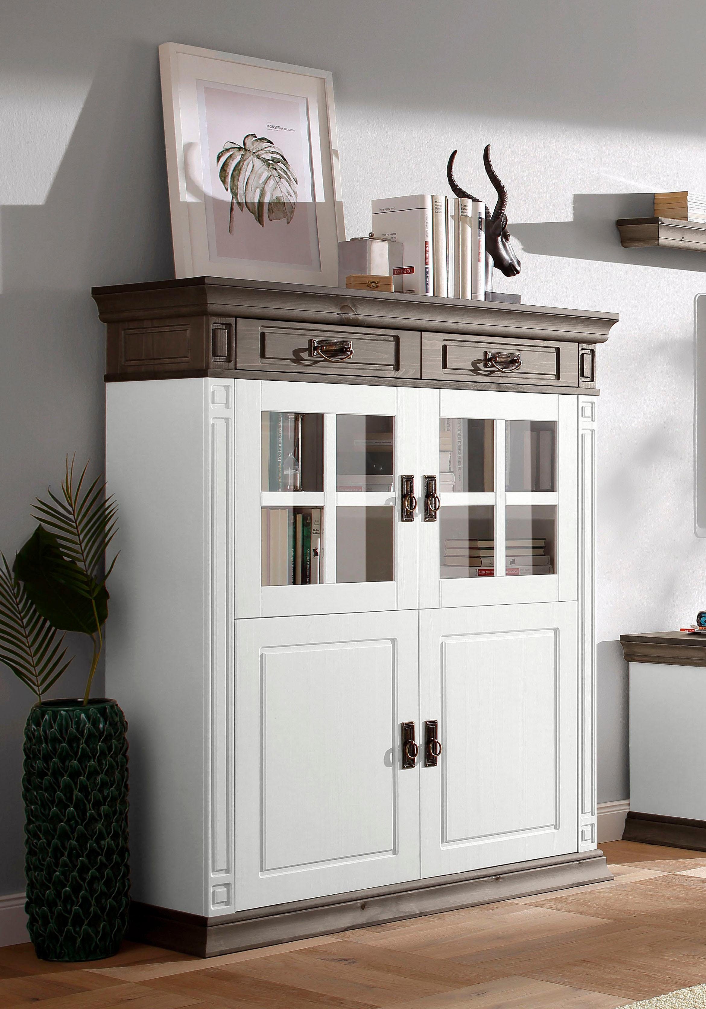 OTTO home Highboard Vinales, 2 Schubladen, 4 Türen, 3 Einlegeböden, Griffe im Jugendstil (B/T/H:112/39/130 cm), Vitrine, Breite 112 cm, aus massiver Kiefer, FSC®