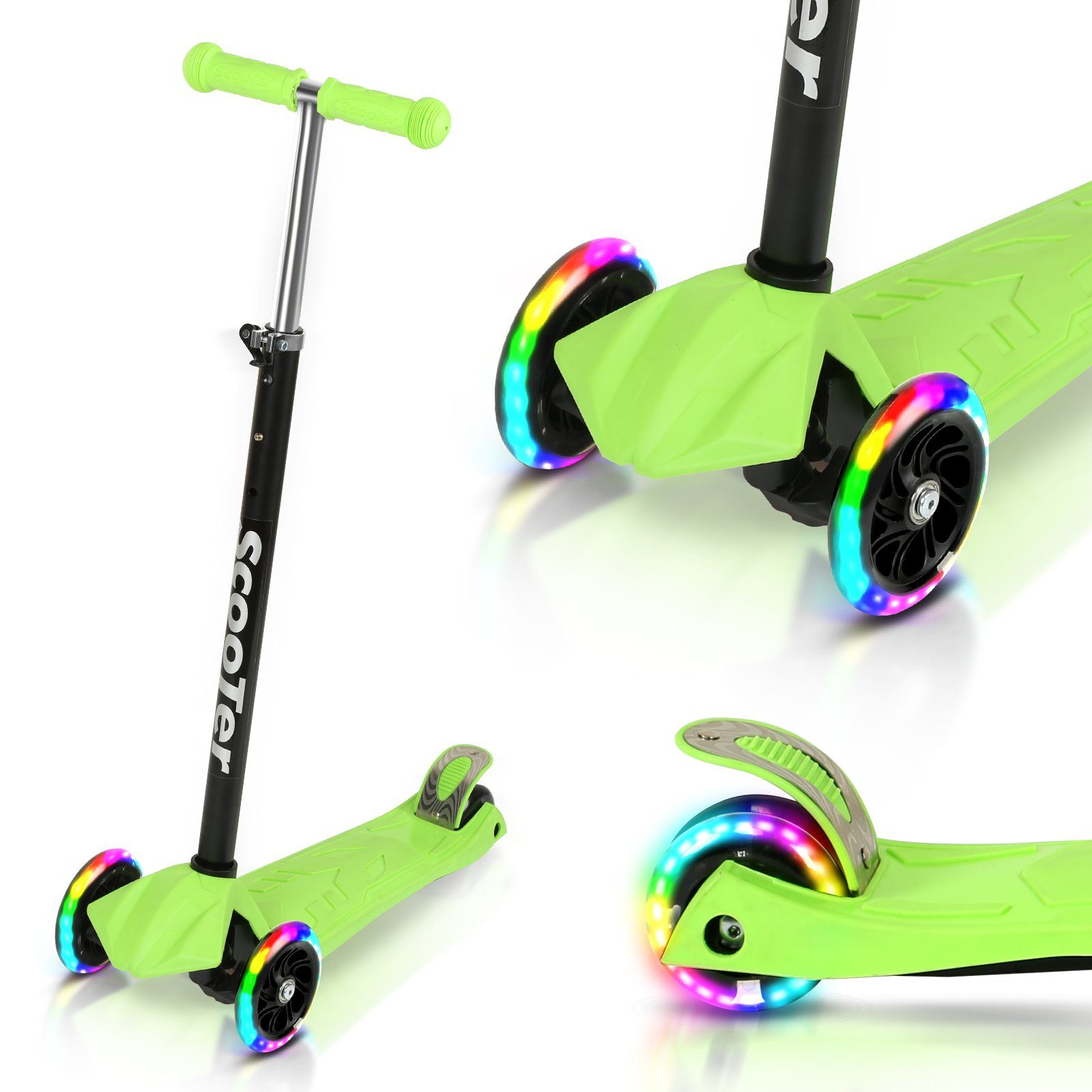 Clanmacy Scooter Kinderroller Tretroller Cityroller LED Räder Höhenverstellbar Grün