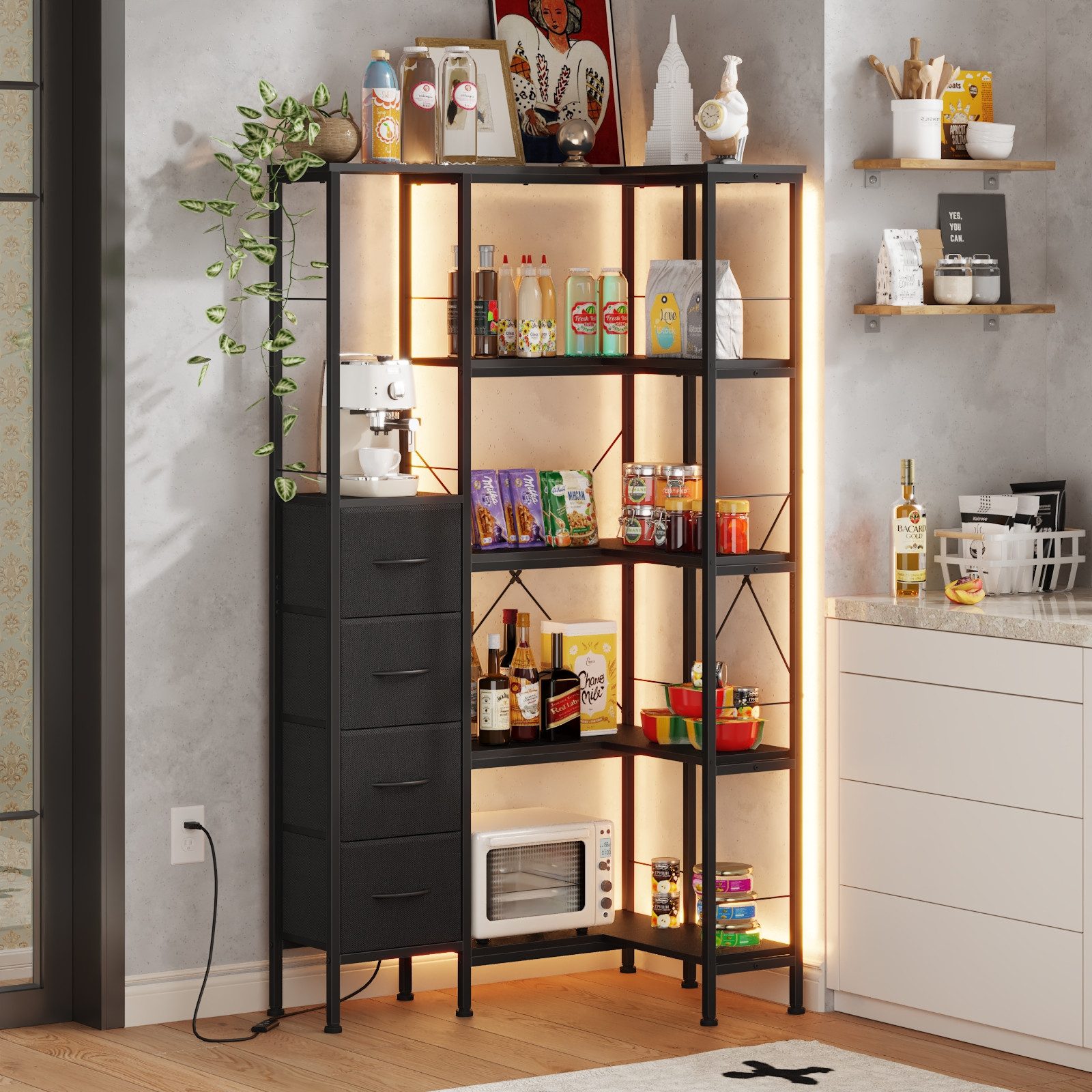 OYRREU Bücherregal Wohnzimmer, Homeoffice Eckenregal, LED-Beleuchtung, Helligkeit & Farbe einstellbar, Regal, 1-Stk., Wohnzimmerregal, Stauraumregal, App-gesteuert, 5 Ebenen, schmal, Aufbewahrungsregal