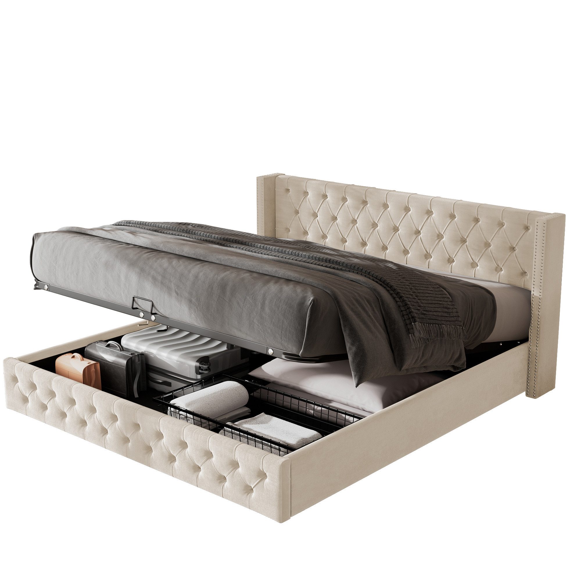 MODFU Polsterbett Doppelbett mit Bettkasten gepolstertem Kopfteil (Massivholz Untergestell mit Hydraulisch anhebbarer Bettstauraum, Samt Bezug Funktionsbett, 140x200 cm Ohne Matratze), mit weichem Kopfteil Schaum-Polsterung Ohrenform Große Knopfnähte