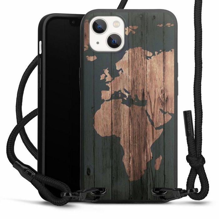 DeinDesign Handyhülle Landkarte Holzoptik Weltkarte Wooden World Map Apple iPhone 13 Premium Handykette Hülle mit Band Case zum Umhängen