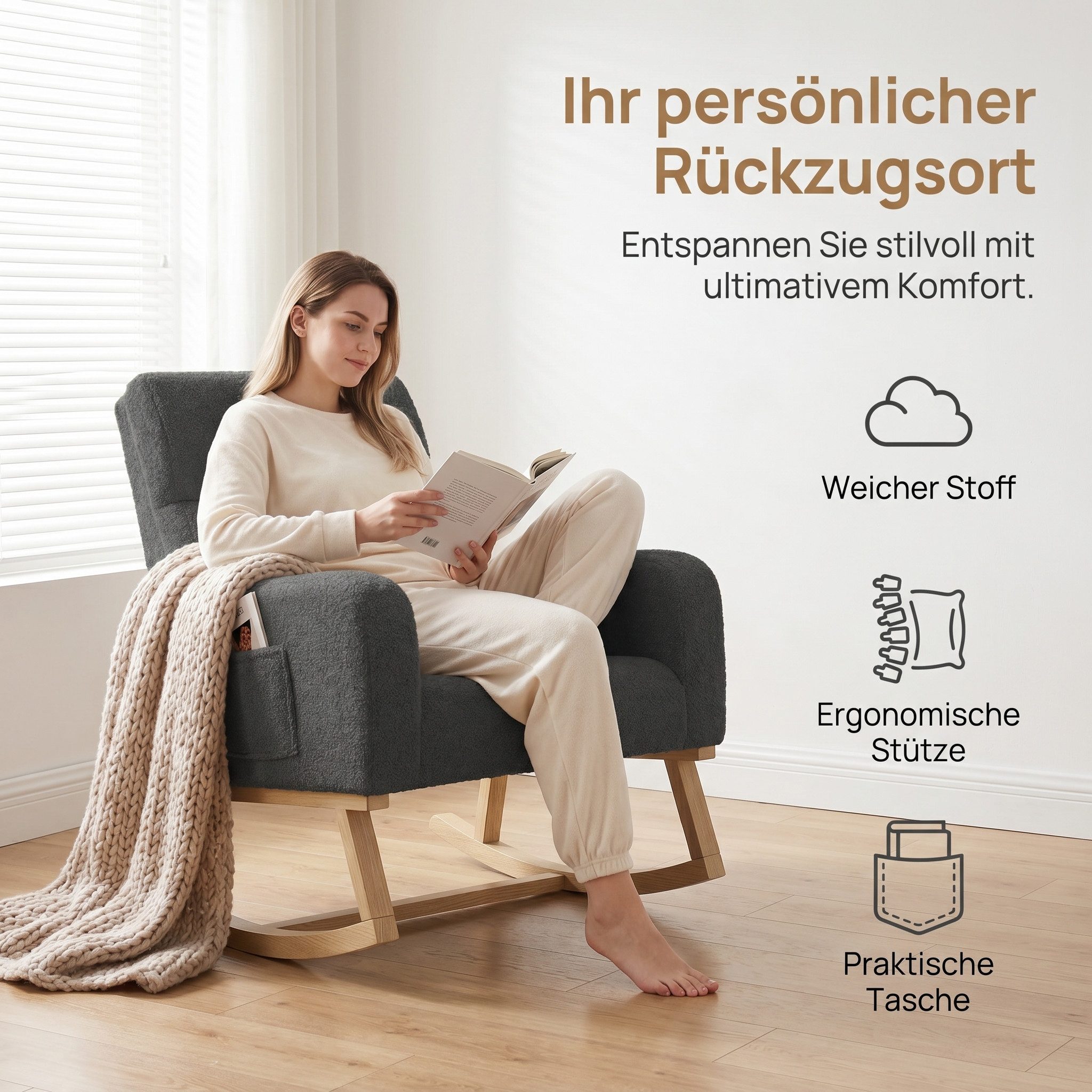 BELUPAI Schaukelstuhl Polster Schaukelsessel (Set, 1 St), mit Massivholzfüßen,für Schlafzimmer,2 Seitentaschen,Teddystoff,Grau