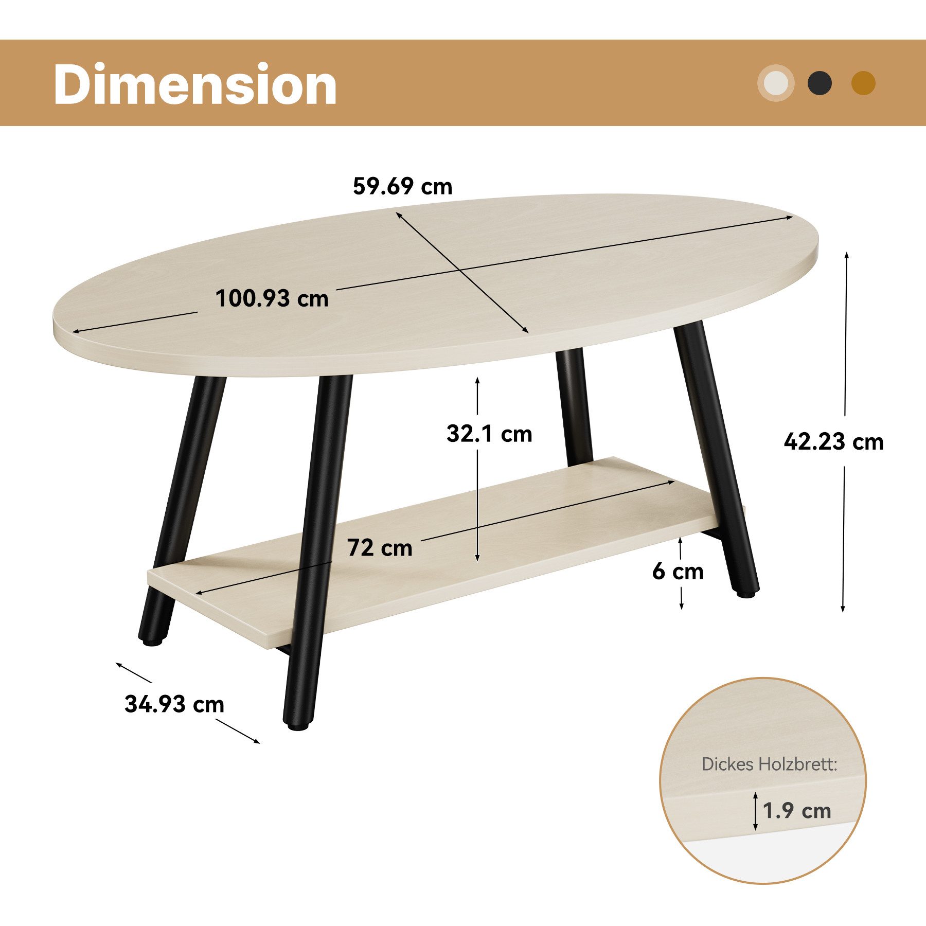HawthyHome Couchtisch ovaler 2-stöckiger Beistelltisch mit Stauraum, 101 x 60 cm (1-St), Moderner Massivholztisch, ideal für Wohnzimmer und Schlafzimmer