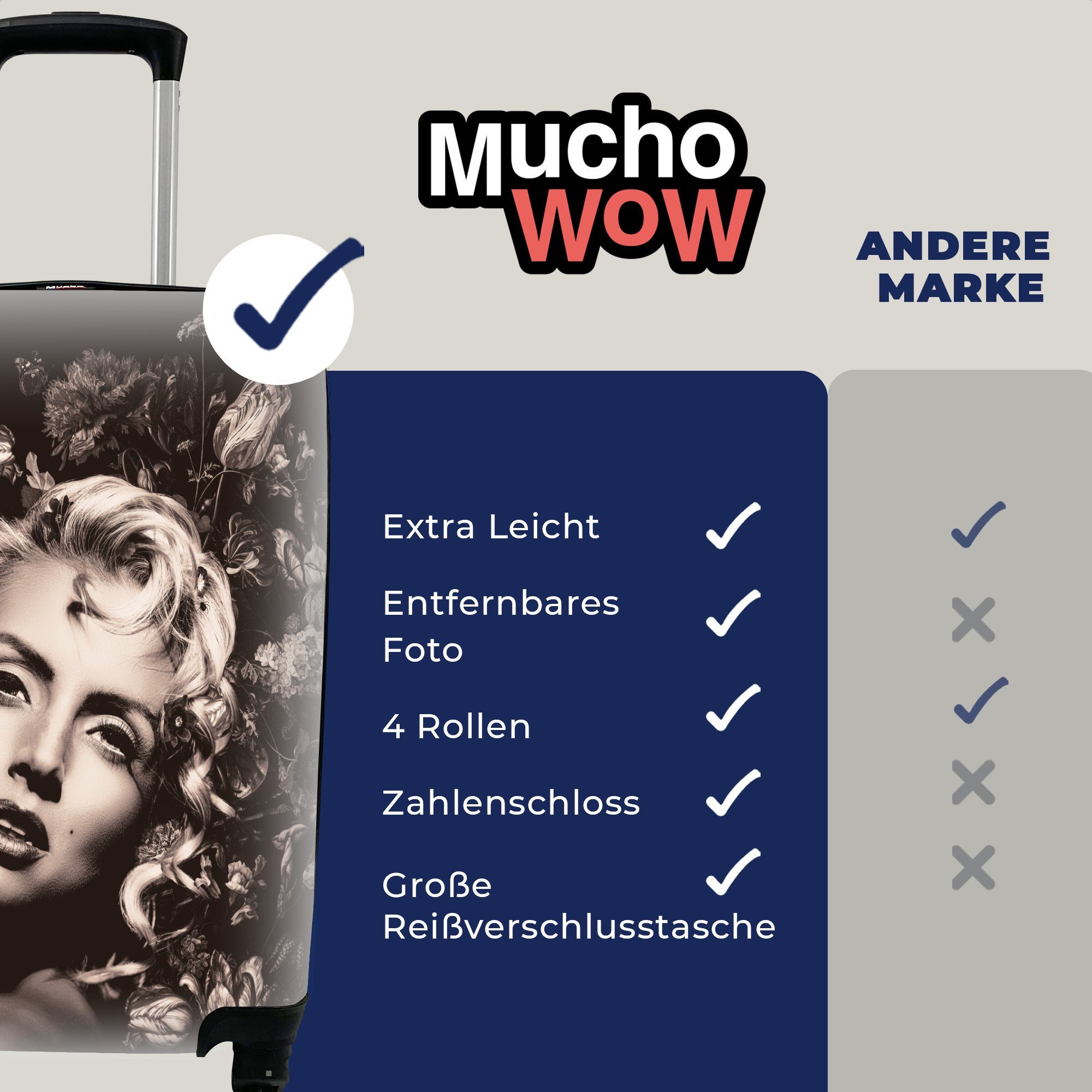 Frau rollen, Weiß, mit für Reisekoffer - Blumen Schwarz Rollen, Ferien, 4 Trolley, Handgepäck - - Reisetasche MuchoWow Handgepäckkoffer