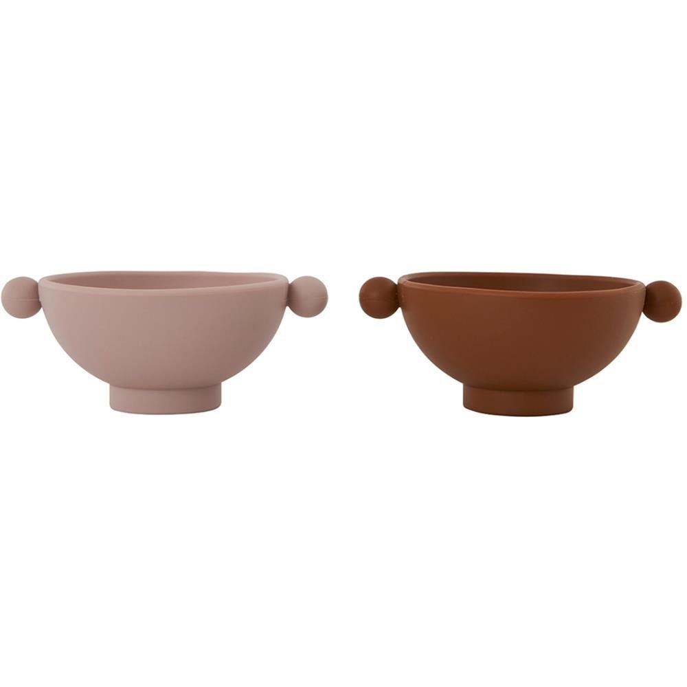 OYOY Kinderschüssel Tiny Inka Bowl, Schalen 2er Set 5,5 x 14 x 11 cm Silikon Kinderschale Breischale Obstschale Rosa Braun