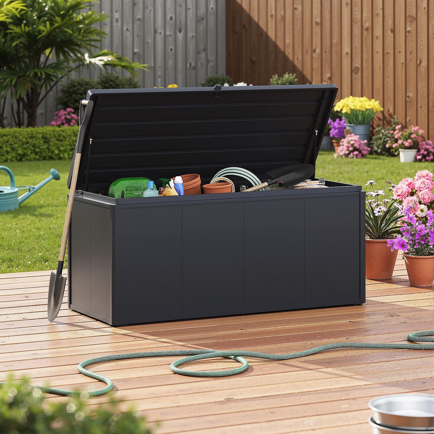 Weide Gartenbox Aufbewahrungsbox 640 L aus verzinktem Stahl wetterfest in Anthrazit