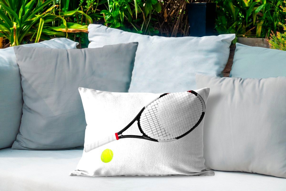 Tennisschläger Outdoor-Dekorationskissen, weißen auf MuchoWow und Kissenhülle Hintergrund, Dekokissenbezug, Polyester, Tennisball Dekokissen einem