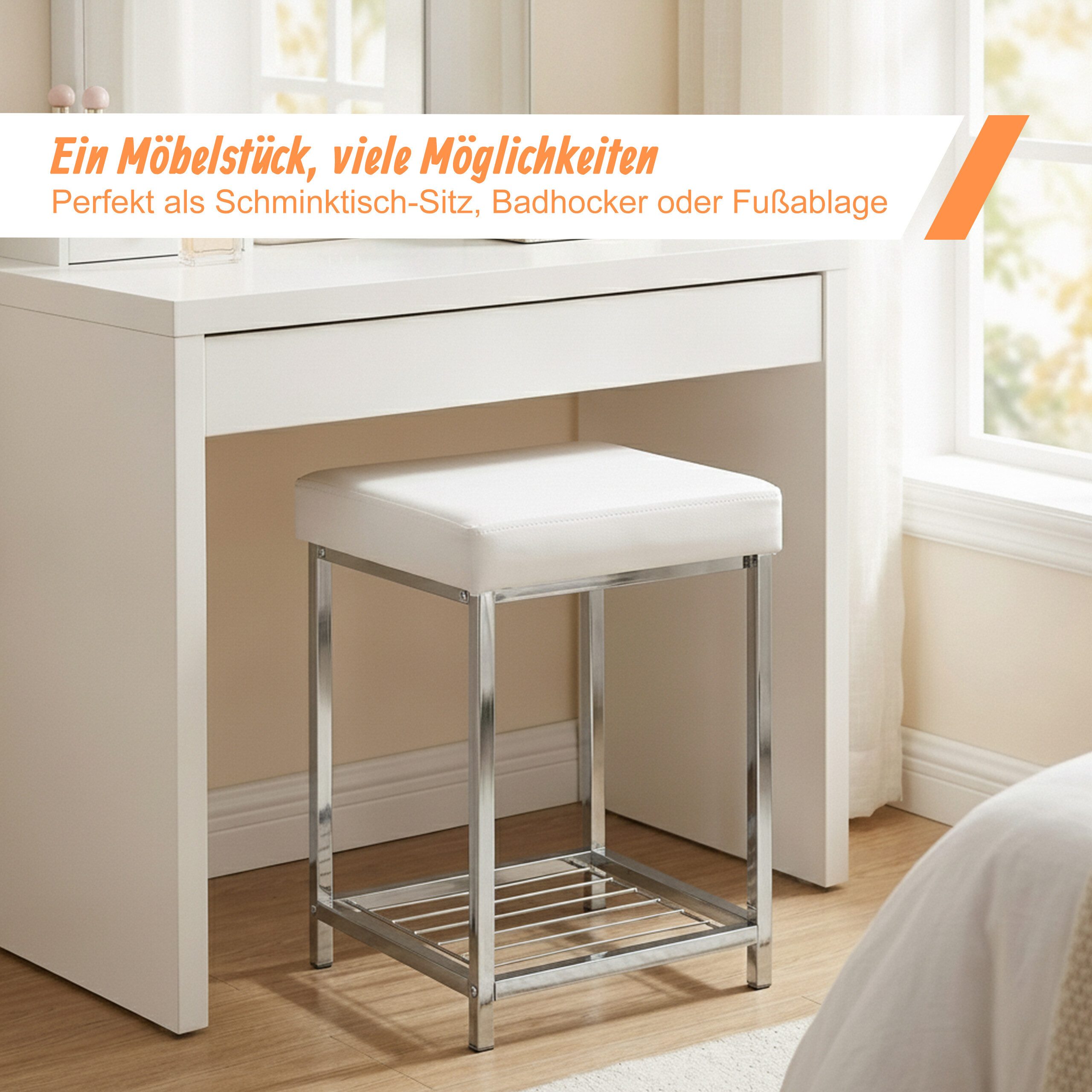 relaxdays Polsterhocker Gepolsterter Hocker mit Ablage Weiß (1 St), weiß – Bild 3 von 5