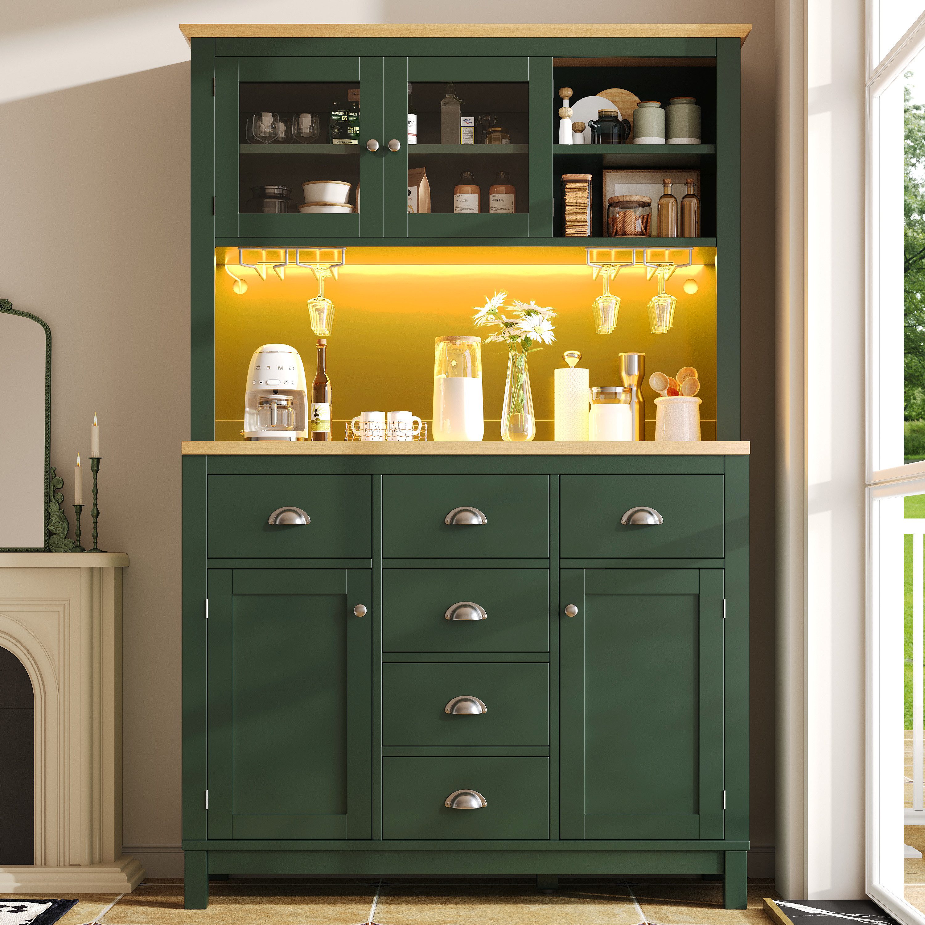 Celya Küchenbuffet Buffetschrank Landhausstil mit LED und Getränkehalter (104x40x180cm, 4 Türen und 6 Schubladen) Geeignet für Küchen, Esszimmer und Wohnzimmer