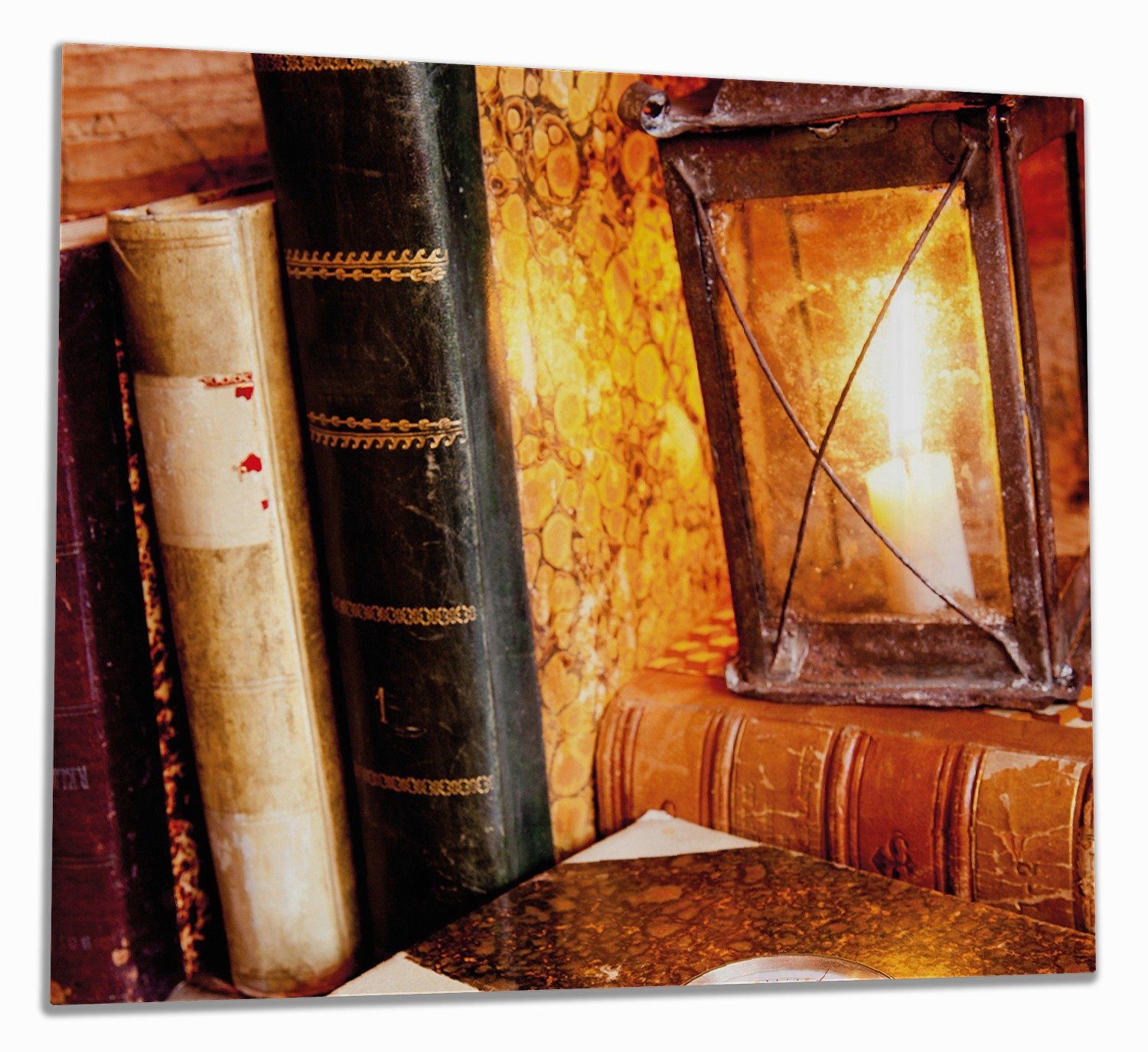 Wallario Herd-Abdeckplatte Antike Laterne mit (Glasplatte, 5mm Kerze inkl. Büchern tlg., verschiedene 1 Größen alten Taschenuhr, ESG-Sicherheitsglas, und Noppen)