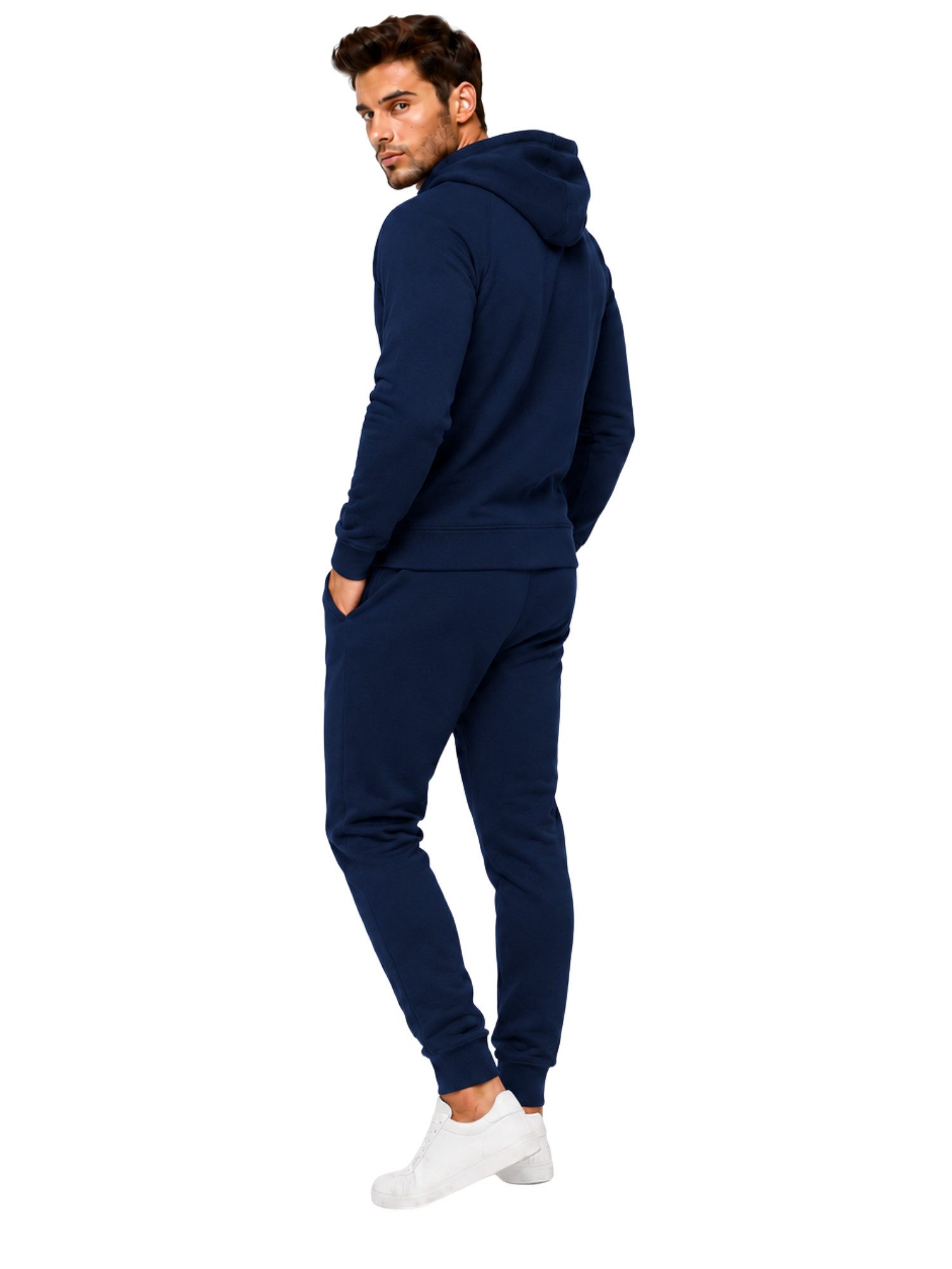 L.gonline Freizeitanzug Herren Jogginganzug einfarbig 100% BW 586 Navy XL (Kapuzenjacke mit Reißverschluss, Hose, 2-tlg), Fitness Freizeit Casual – Bild 2 von 5