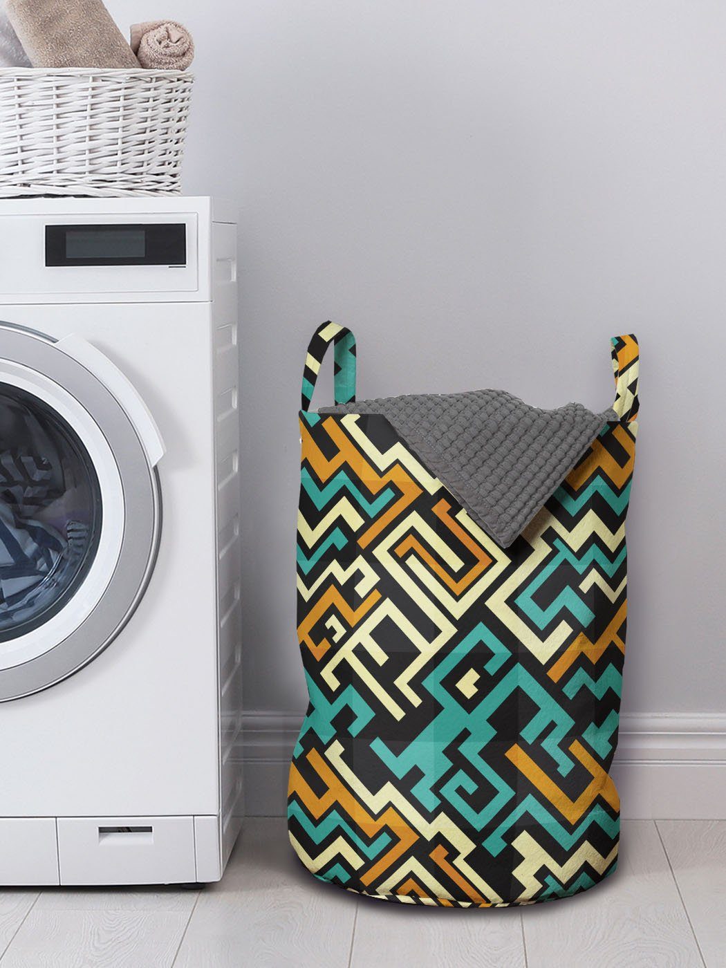 Kordelzugverschluss Wäschesäckchen Geometrisch Wäschekorb mit Waschsalons, Linien Griffen für Surreal Abakuhaus Zukunft