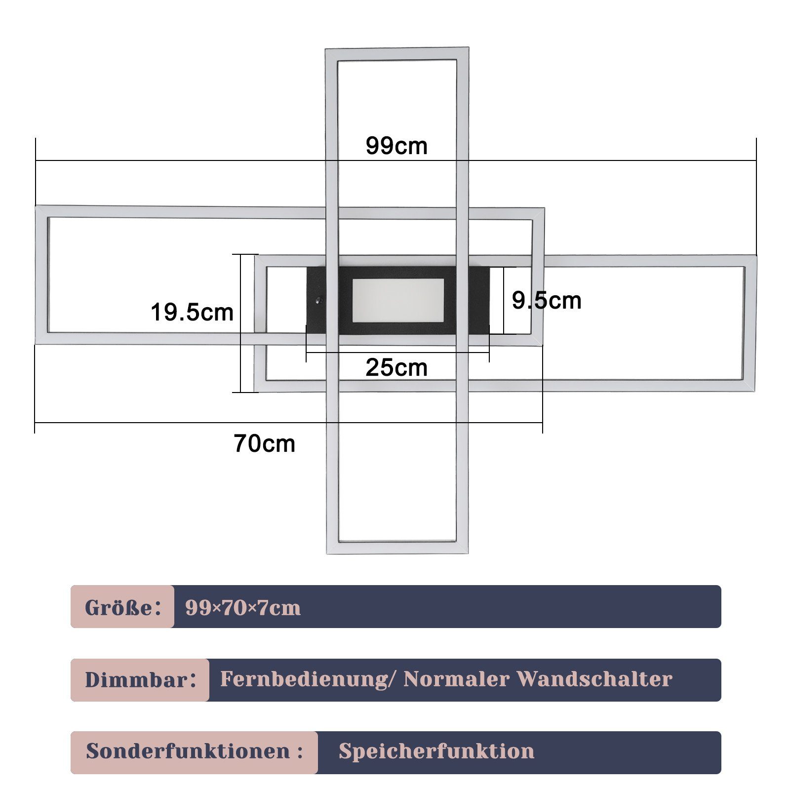 ZMH LED Deckenleuchte mit 3 Rahmen und Fernbedienung, 6000 Lumen, dimmbar,50W, LED fest integriert, 3000-6500K, Deckenlampe 99 x 70 cm für Wohnzimmer Schlafzimm – Bild 3 von 5