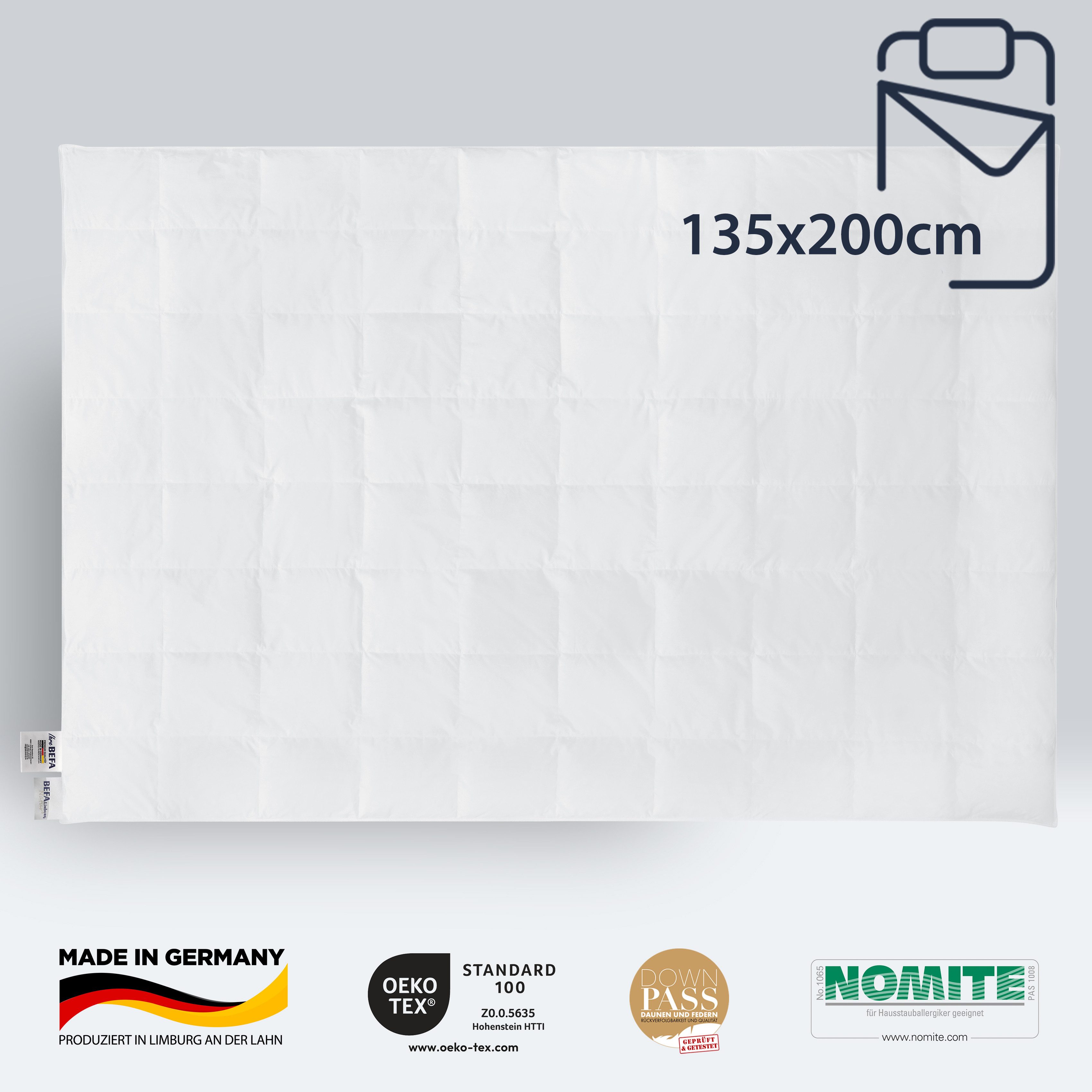 BEFA NATUR Daunenbettdecke Premium Federbettdecke - leicht & kuschelig - Größen 135 cm bis 240 cm, Füllung: 60% Daunen, 40% Federn, Bezug: Baumwolle, Made in Germany - hochwertige Daunendecke - Allergiker geeignet